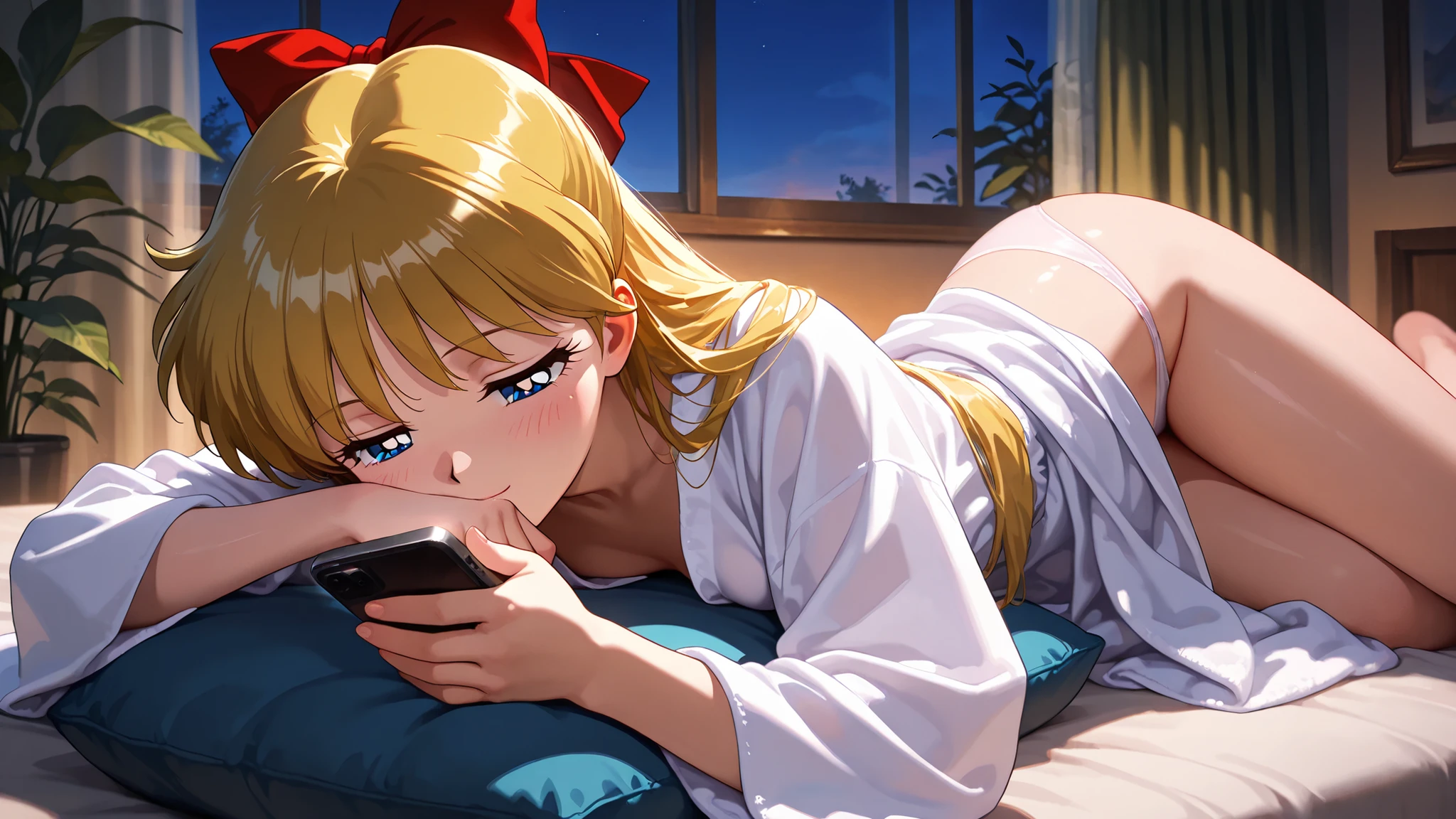 masterpiece, amazing quality, best quality, ultra-detailed, 8K, illustration, clear skin, ultra-detailed-eyes, soft skin, very awa, very as2, soft body, official art, 1girl, solo, 1990s \(style\), minako aino, blonde hair, hair bow, blue eyes, loose hair, long hair, small breasts, half-closed eyes, lying on stomach, legs, head rest, light smile, holding smartphone, looking at smartphone, white satin robe, panties, covering mouth, object hug, cushions, curtains, indoors, evening, night, window, plant, face focus