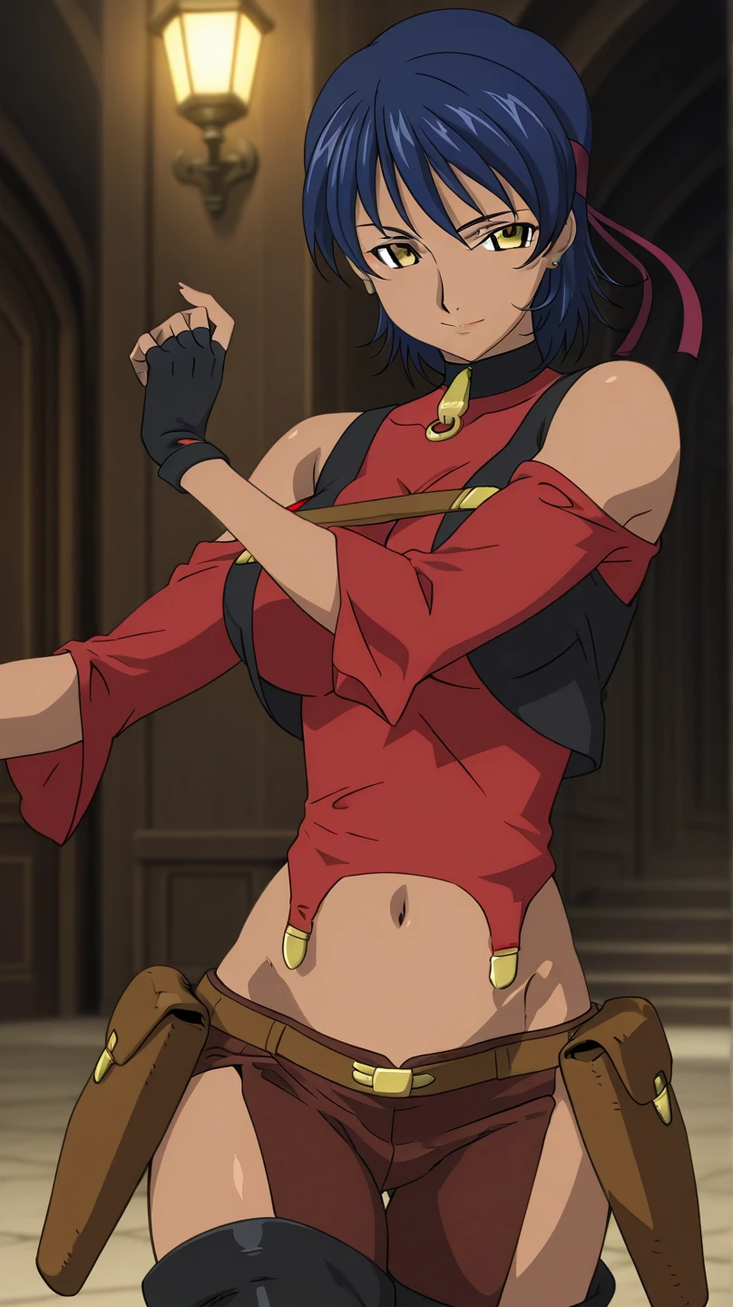 ((1 girl)), solo, insanely detailed, beautiful, masterpiece, medium breast, ((hot)), look at viewer, will, vandom, (short hair), red hair, light brown eyes, jungle, ancient ruins, blush, smile, 25 years old, harem girl, harem outfit, ((loincloth)), sexy pose, aroused