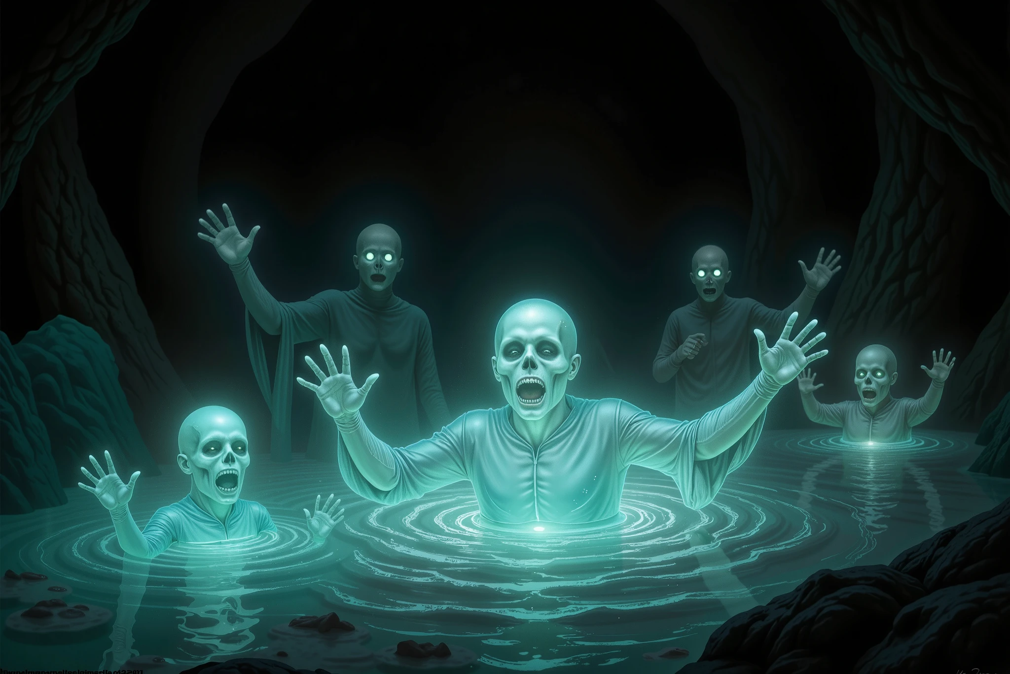 A haunting, surreal scene of a glowing, fluorescent-blue lake inside a dark cavern. From the eerie waters, ghostly apparitions rise — luminous specters with translucent, elongated bodies and outstretched arms, as if drowning or reaching for help. Their faces are hollow and skull-like, with glowing eyes and open mouths. The cavern walls are jagged and shadowy, resembling the interior of a cave, with no visible light source except the lake itself. The water emits a soft, ethereal glow that reflects off the rocks, casting an otherworldly ambiance. The atmosphere is mysterious, chilling, and supernatural. Style: dark fantasy, cinematic lighting, high detail, moody color palette.