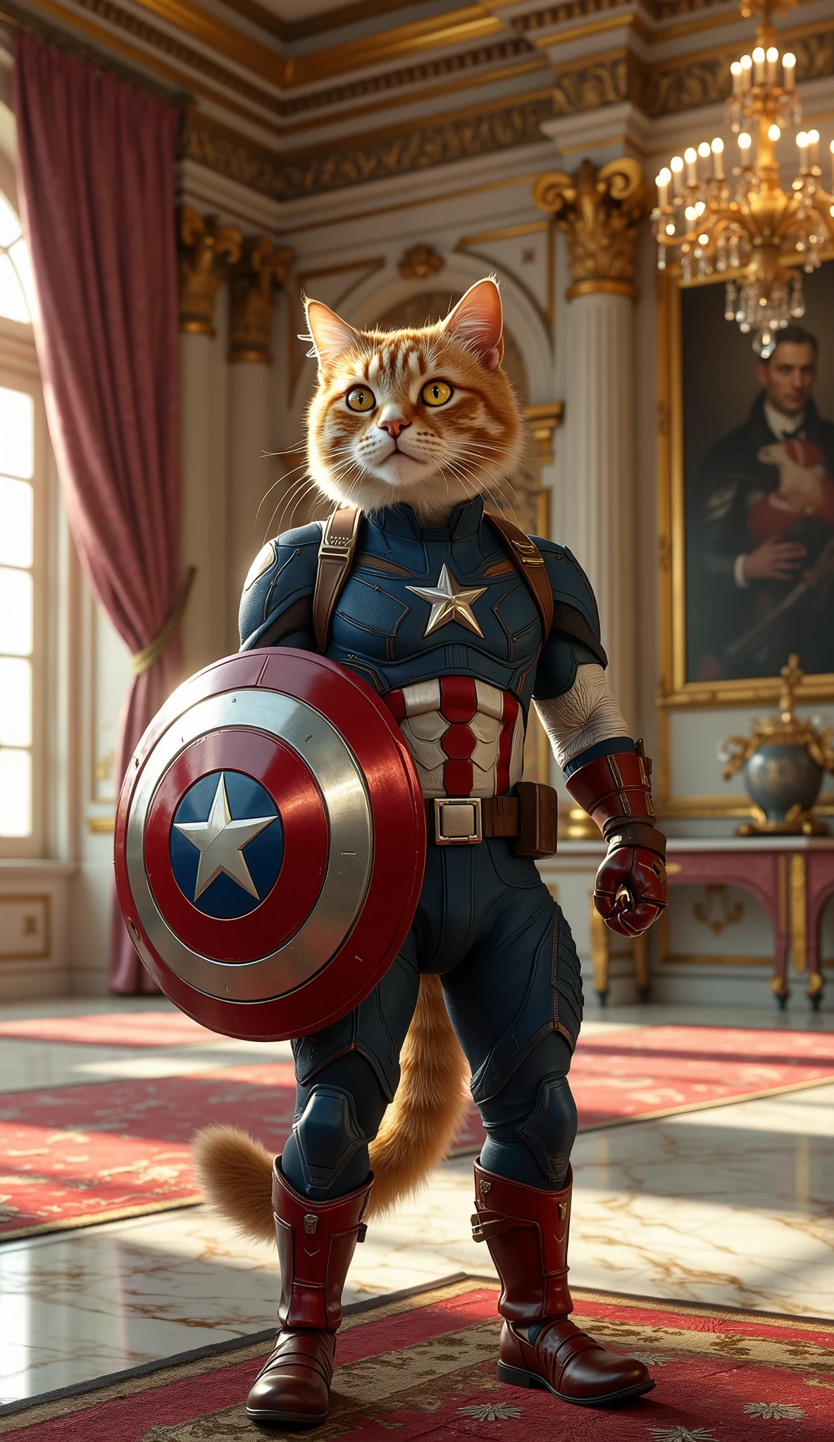 A heroic and majestic cat standing proudly in a highly detailed and perfectly fitted Captain America suit, including a star-emblazoned chest plate, red and white torso stripes, and sleek blue armor. The cat is holding a small but accurate version of Captain America’s iconic round shield, made of shiny vibranium-like metal with a metallic red, white, and blue pattern and central star. The cat's pose is powerful and confident — one paw raised slightly, shield positioned in front like a protector, and its tail arched proudly behind. Its expression is fierce yet noble, with glowing, intelligent eyes and well-groomed, soft fur.
The setting is inside a grand, opulent royal palace interior. The background features tall golden columns with intricate carvings, polished white marble floors with golden inlays, red and gold royal carpets, and massive windows with flowing, velvet curtains. Elegant chandeliers hang from the high ceilings, casting warm golden light across the room. Portraits and ancient royal artifacts line the marble walls, adding richness and depth to the environment. Sunlight streams in from the windows, softly illuminating the cat’s armor and casting a dramatic glow on the shield.
The image is rendered in ultra-high-definition (8K level detail), with crisp textures on the suit fabric, realistic fur strands on the cat, and deep lighting contrast to emphasize the majestic and heroic tone. The composition balances fantasy and elegance with comic-book superhero style.