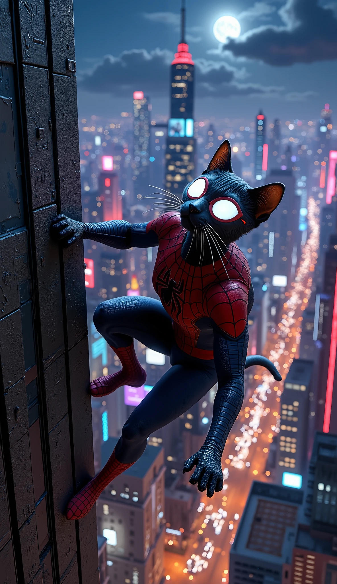 A sleek and agile cat wearing a highly detailed Spider-Man suit, clinging to the side of a tall skyscraper wall at night. The custom Spider-Man suit is form-fitted to the cat’s slim body, made of textured red and blue fabric with black web patterns running across the suit. The red portions of the suit shimmer subtly in the moonlight, and a small white spider emblem is printed proudly on the chest. The suit includes a custom cat-shaped mask with large, glowing white eye lenses, shaped like traditional Spider-Man eyes but adapted to the feline form, complete with subtle ear outlines.
The cat is posed dramatically — one paw stretched forward gripping the vertical wall, back legs tensed in a crouch, and tail curled for balance. Its head is turned slightly, looking heroically into the distance, with glowing eyes reflecting the lights of the vibrant city below. The surface of the building has realistic texture — concrete or glass with moisture, slight reflections, and bits of city light casting soft shadows.
Behind the cat, the nighttime city is alive and dazzling. Dozens of skyscrapers stretch into the sky, filled with bright, glowing windows, LED advertisements, neon signs, and streaming lights from traffic far below. Billboards glow in colors of red, blue, pink, and purple, lighting the environment with an energetic urban vibe. In the distance, more buildings, bridges, and towers stretch toward the dark blue night sky, dotted with stars and lit by the full moon.
Street lights, passing cars, and digital billboards provide a vivid underglow to the city, and soft clouds pass through the sky near the rooftops. Some buildings have futuristic designs with glowing outlines or tech-like architecture. The lighting across the scene gives the image a cinematic, almost comic-book style feel, yet rendered in ultra-HD (8K quality) with hyper-realistic textures — from the fur visible at the edges of the suit, to the tiny lights in distant windows.
The mood combines stealth, style