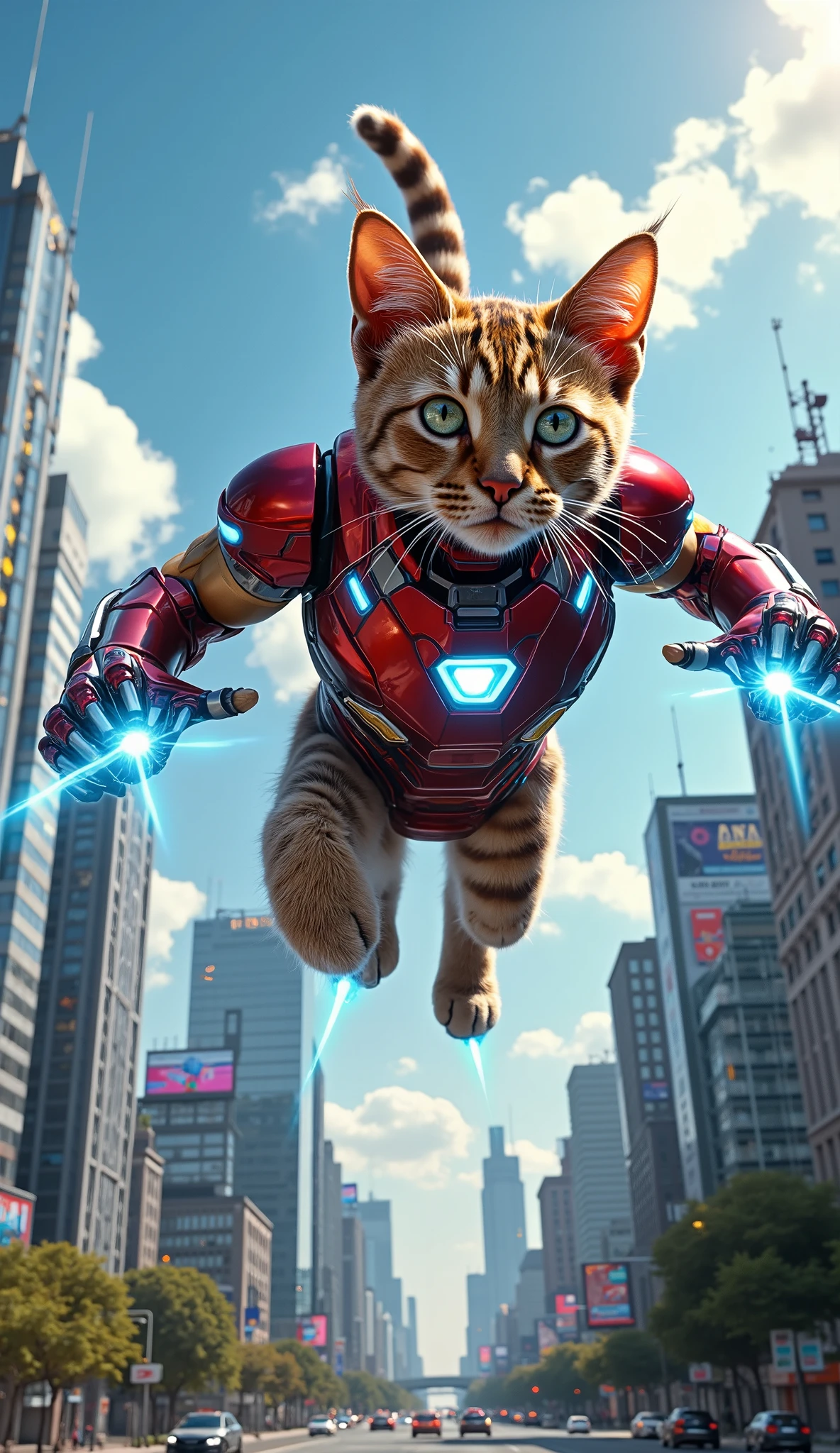 A powerful cat soaring through the sky in a sleek, custom-designed Iron Man suit, shaped perfectly to fit its feline body. The suit features metallic red and gold armor plating, glowing blue energy lines across the joints, and a radiant arc reactor at the center of the chest. The helmet has pointed cat-like ears and glowing blue eyes, designed with a sleek, aerodynamic finish. Blue energy bursts from the repulsors in its paws and feet as it flies upward at high speed, leaving a light trail behind.
The cat is mid-flight, body tilted upward with its paws stretched slightly forward, tail streamlined and armored. A confident and heroic expression is visible through the slightly open faceplate, with fur visible around the eyes.
Below, a sprawling modern city is visible, filled with tall skyscrapers, bustling roads, and digital billboards. The buildings reflect sunlight and have realistic architectural details — glass windows, balconies, and rooftop antennas. Some buildings have glowing lights and tech elements, showing a futuristic vibe. Cars and pedestrians are faintly visible, adding depth and scale.
The sky is bright blue with a few scattered clouds, sun rays breaking through, casting dynamic lighting across the scene. The sunlight reflects off the cat’s armor, highlighting metallic textures and glowing parts of the suit.
The image is ultra-HD (8K quality), with high realism and cinematic atmosphere. The scene captures a perfect blend of superhero action, flight, and futuristic cityscape from a dynamic angle, showing motion, energy, and power.