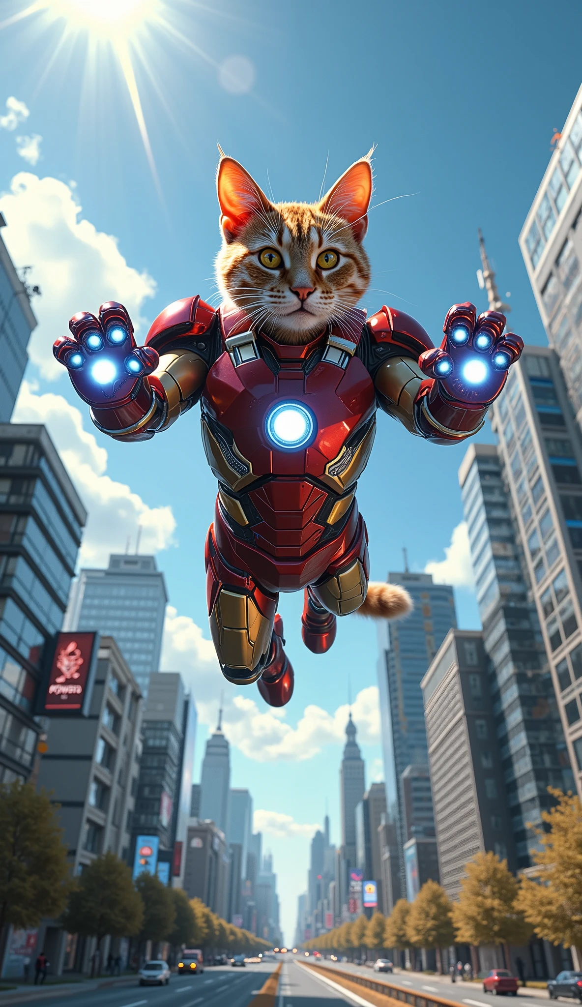 A powerful cat soaring through the sky in a sleek, custom-designed Iron Man suit, shaped perfectly to fit its feline body. The suit features metallic red and gold armor plating, glowing blue energy lines across the joints, and a radiant arc reactor at the center of the chest. The helmet has pointed cat-like ears and glowing blue eyes, designed with a sleek, aerodynamic finish. Blue energy bursts from the repulsors in its paws and feet as it flies upward at high speed, leaving a light trail behind.
The cat is mid-flight, body tilted upward with its paws stretched slightly forward, tail streamlined and armored. A confident and heroic expression is visible through the slightly open faceplate, with fur visible around the eyes.
Below, a sprawling modern city is visible, filled with tall skyscrapers, bustling roads, and digital billboards. The buildings reflect sunlight and have realistic architectural details — glass windows, balconies, and rooftop antennas. Some buildings have glowing lights and tech elements, showing a futuristic vibe. Cars and pedestrians are faintly visible, adding depth and scale.
The sky is bright blue with a few scattered clouds, sun rays breaking through, casting dynamic lighting across the scene. The sunlight reflects off the cat’s armor, highlighting metallic textures and glowing parts of the suit.
The image is ultra-HD (8K quality), with high realism and cinematic atmosphere. The scene captures a perfect blend of superhero action, flight, and futuristic cityscape from a dynamic angle, showing motion, energy, and power.