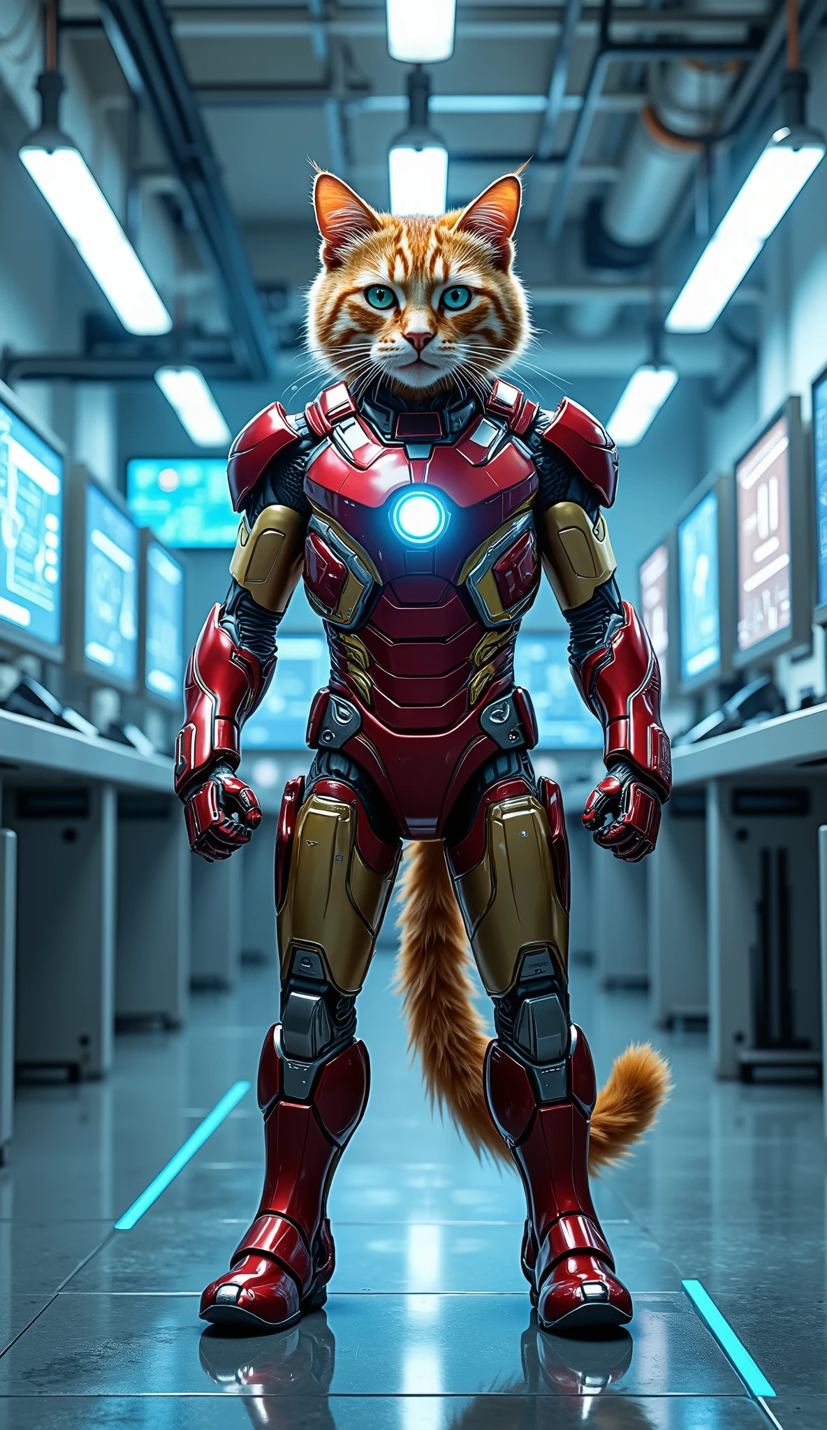 A heroic and futuristic-looking cat standing in a bold, confident pose inside a high-tech electronics science laboratory. The cat is wearing a custom-built Iron Man suit designed to fit its feline form — a sleek, metallic red and gold armor with detailed, jointed plating and glowing blue energy lines running along the limbs and torso. The chest features a circular arc reactor that emits a soft, pulsing blue light. The helmet is angular with sharp design lines and cat-shaped ears molded into the top, with glowing blue eyes that give it a powerful, intelligent expression. The suit is highly detailed, with visible plating seams, energy conduits, and small jet thrusters on the back and paws.
The cat’s stance is dynamic and heroic — one leg forward, chest slightly out, head tilted upward with determination. Its tail, armored and segmented, curves gracefully behind for balance. The cat's metallic paws grip the ground lightly, and the armor reflects the ambient lab lighting with a polished chrome effect.
The background is a cutting-edge electronics science lab, filled with advanced technology. The walls and ceilings are made of clean white and brushed steel panels. Large transparent glass partitions separate work zones. Numerous glowing blue and white digital screens float mid-air, displaying 3D holographic schematics, DNA strands, circuit diagrams, and real-time data streams. Workstations are cluttered with futuristic tools, robotic limbs, microchips, and mechanical prototypes. Robotic arms and scanning devices hang from the ceiling and tables, creating a sense of continuous innovation and experimentation.
The lab is lit primarily by cool blue and crisp white lights — glowing from ceiling panels, under-desk lighting, and interactive touch displays. Soft fog and floating dust particles in the air subtly catch the light, adding realism. Blue LED floor strips guide paths between stations. The lighting reflects beautifully off the cat’s armor, creating cinematic highlights