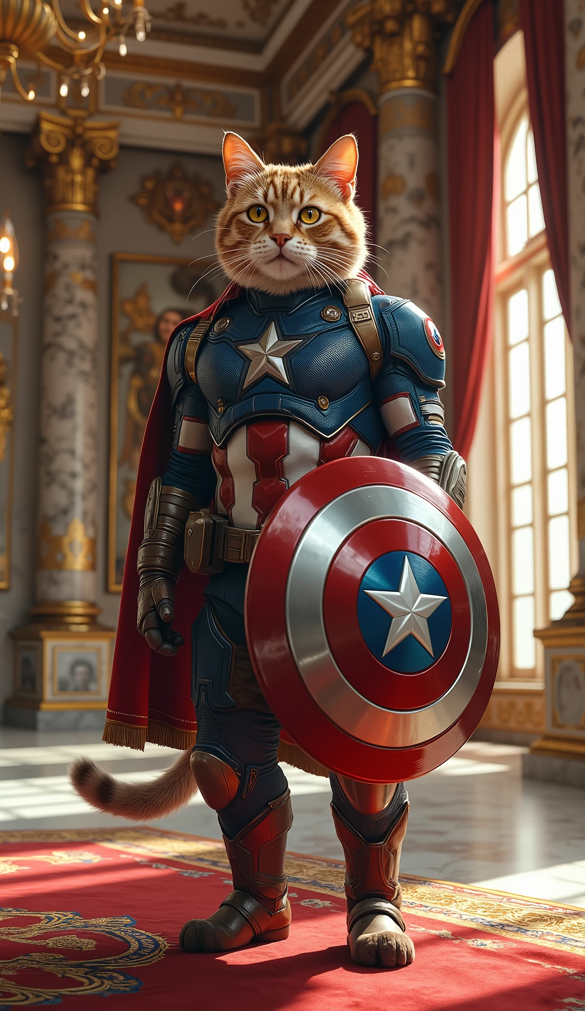 A heroic and majestic cat standing proudly in a highly detailed and perfectly fitted Captain America suit, including a star-emblazoned chest plate, red and white torso stripes, and sleek blue armor. The cat is holding a small but accurate version of Captain America’s iconic round shield, made of shiny vibranium-like metal with a metallic red, white, and blue pattern and central star. The cat's pose is powerful and confident — one paw raised slightly, shield positioned in front like a protector, and its tail arched proudly behind. Its expression is fierce yet noble, with glowing, intelligent eyes and well-groomed, soft fur.
The setting is inside a grand, opulent royal palace interior. The background features tall golden columns with intricate carvings, polished white marble floors with golden inlays, red and gold royal carpets, and massive windows with flowing, velvet curtains. Elegant chandeliers hang from the high ceilings, casting warm golden light across the room. Portraits and ancient royal artifacts line the marble walls, adding richness and depth to the environment. Sunlight streams in from the windows, softly illuminating the cat’s armor and casting a dramatic glow on the shield.
The image is rendered in ultra-high-definition (8K level detail), with crisp textures on the suit fabric, realistic fur strands on the cat, and deep lighting contrast to emphasize the majestic and heroic tone. The composition balances fantasy and elegance with comic-book superhero style.