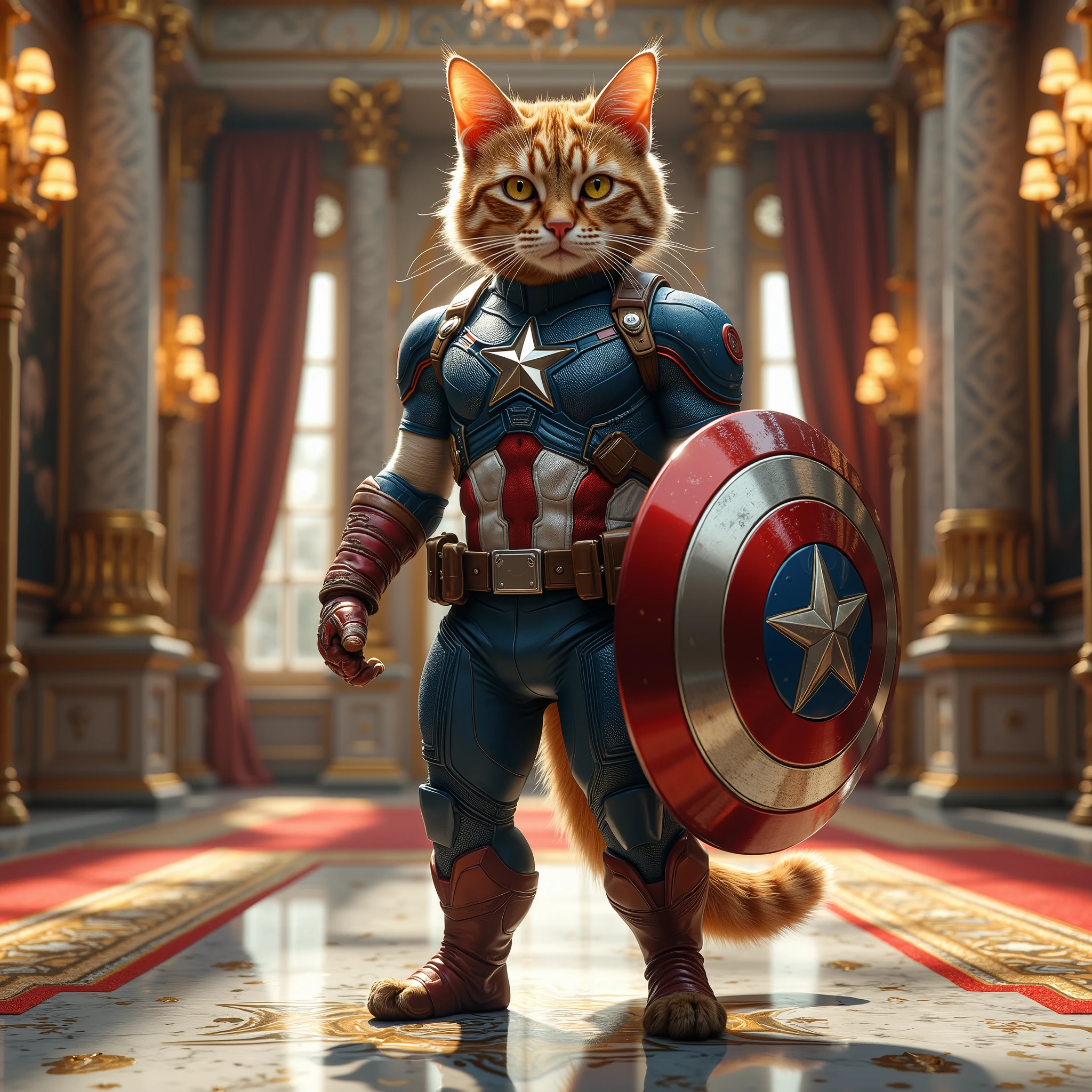 A heroic and majestic cat standing proudly in a highly detailed and perfectly fitted Captain America suit, including a star-emblazoned chest plate, red and white torso stripes, and sleek blue armor. The cat is holding a small but accurate version of Captain America’s iconic round shield, made of shiny vibranium-like metal with a metallic red, white, and blue pattern and central star. The cat's pose is powerful and confident — one paw raised slightly, shield positioned in front like a protector, and its tail arched proudly behind. Its expression is fierce yet noble, with glowing, intelligent eyes and well-groomed, soft fur.
The setting is inside a grand, opulent royal palace interior. The background features tall golden columns with intricate carvings, polished white marble floors with golden inlays, red and gold royal carpets, and massive windows with flowing, velvet curtains. Elegant chandeliers hang from the high ceilings, casting warm golden light across the room. Portraits and ancient royal artifacts line the marble walls, adding richness and depth to the environment. Sunlight streams in from the windows, softly illuminating the cat’s armor and casting a dramatic glow on the shield.
The image is rendered in ultra-high-definition (8K level detail), with crisp textures on the suit fabric, realistic fur strands on the cat, and deep lighting contrast to emphasize the majestic and heroic tone. The composition balances fantasy and elegance with comic-book superhero style.