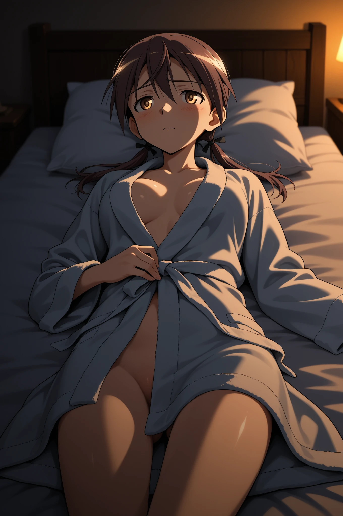 Mature,beautiful,glamorous,chinese female soldier,26 year old,black medium low ponytail,brown eye,big breasts,1940,In the background is a bedroom,nsfw,completely nude,ripped abs,pubic hair,up leg,anime style,