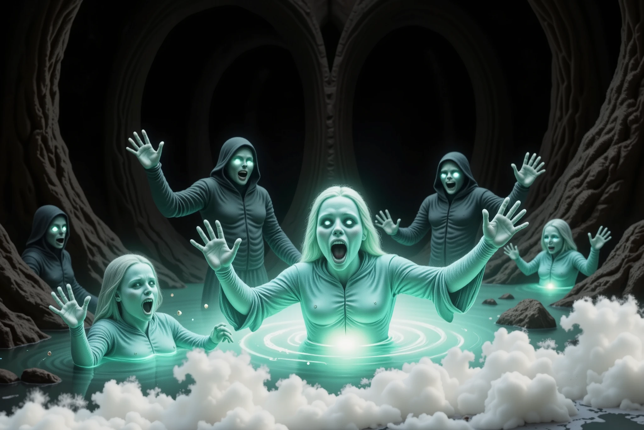 A haunting, surreal scene of a glowing, fluorescent-blue lake inside a dark cavern. From the eerie waters, ghostly apparitions rise — luminous specters with translucent, elongated bodies and outstretched arms, as if drowning or reaching for help. Their faces are hollow and skull-like, with glowing eyes and open mouths. The cavern walls are jagged and shadowy, resembling the interior of a cave, with no visible light source except the lake itself. The water emits a soft, ethereal glow that reflects off the rocks, casting an otherworldly ambiance. The atmosphere is mysterious, chilling, and supernatural. Style: dark fantasy, cinematic lighting, high detail, moody color palette.