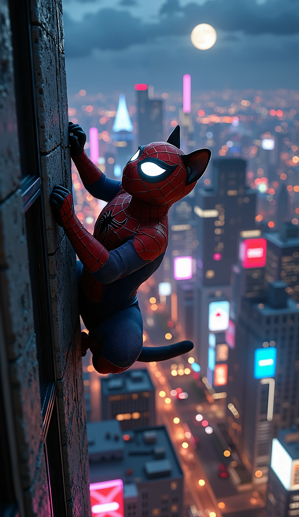 A sleek and agile cat wearing a highly detailed Spider-Man suit, clinging to the side of a tall skyscraper wall at night. The custom Spider-Man suit is form-fitted to the cat’s slim body, made of textured red and blue fabric with black web patterns running across the suit. The red portions of the suit shimmer subtly in the moonlight, and a small white spider emblem is printed proudly on the chest. The suit includes a custom cat-shaped mask with large, glowing white eye lenses, shaped like traditional Spider-Man eyes but adapted to the feline form, complete with subtle ear outlines.
The cat is posed dramatically — one paw stretched forward gripping the vertical wall, back legs tensed in a crouch, and tail curled for balance. Its head is turned slightly, looking heroically into the distance, with glowing eyes reflecting the lights of the vibrant city below. The surface of the building has realistic texture — concrete or glass with moisture, slight reflections, and bits of city light casting soft shadows.
Behind the cat, the nighttime city is alive and dazzling. Dozens of skyscrapers stretch into the sky, filled with bright, glowing windows, LED advertisements, neon signs, and streaming lights from traffic far below. Billboards glow in colors of red, blue, pink, and purple, lighting the environment with an energetic urban vibe. In the distance, more buildings, bridges, and towers stretch toward the dark blue night sky, dotted with stars and lit by the full moon.
Street lights, passing cars, and digital billboards provide a vivid underglow to the city, and soft clouds pass through the sky near the rooftops. Some buildings have futuristic designs with glowing outlines or tech-like architecture. The lighting across the scene gives the image a cinematic, almost comic-book style feel, yet rendered in ultra-HD (8K quality) with hyper-realistic textures — from the fur visible at the edges of the suit, to the tiny lights in distant windows.
The mood combines stealth, style