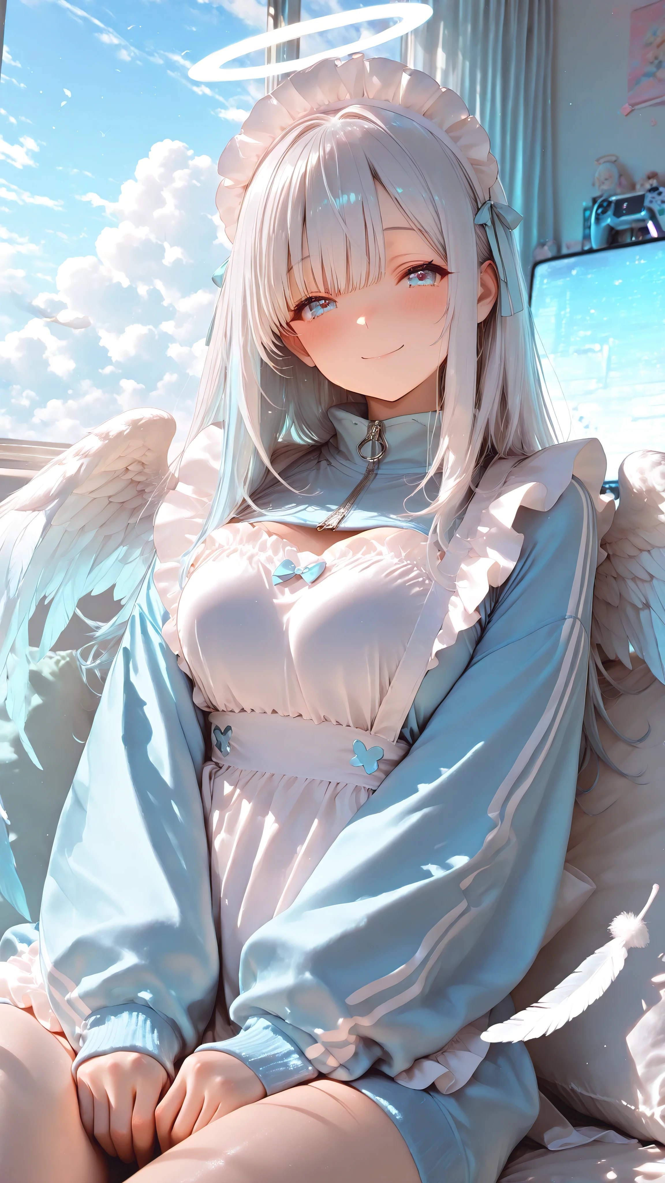 ((Ultra-detail, 8K, cute, highest quality, very aesthetic, masterpiece, high brightness,puff-sleeve,cute girl)), Break//(masterpiece, best quality), aesthetic, ultra-detailed, 1girl, tenshi kaiwai style, jersey maid outfit, angelic atmosphere, pastel color scheme, sky blue and white theme, sporty light blue jersey with white frilly maid apron, frilled maid headdress with small white wings, white angel wings on the back, long silver hair, soft blue eyes, gentle smile, ethereal lighting, floating feathers, heavenly vibe, cute gaming room background, pastel-themed gaming setup, glowing white and sky blue gaming PC, dual monitors with anime wallpapers, pastel LED lights, cloud-shaped furniture, soft pillows, cozy and dreamy atmosphere, clean and organized room