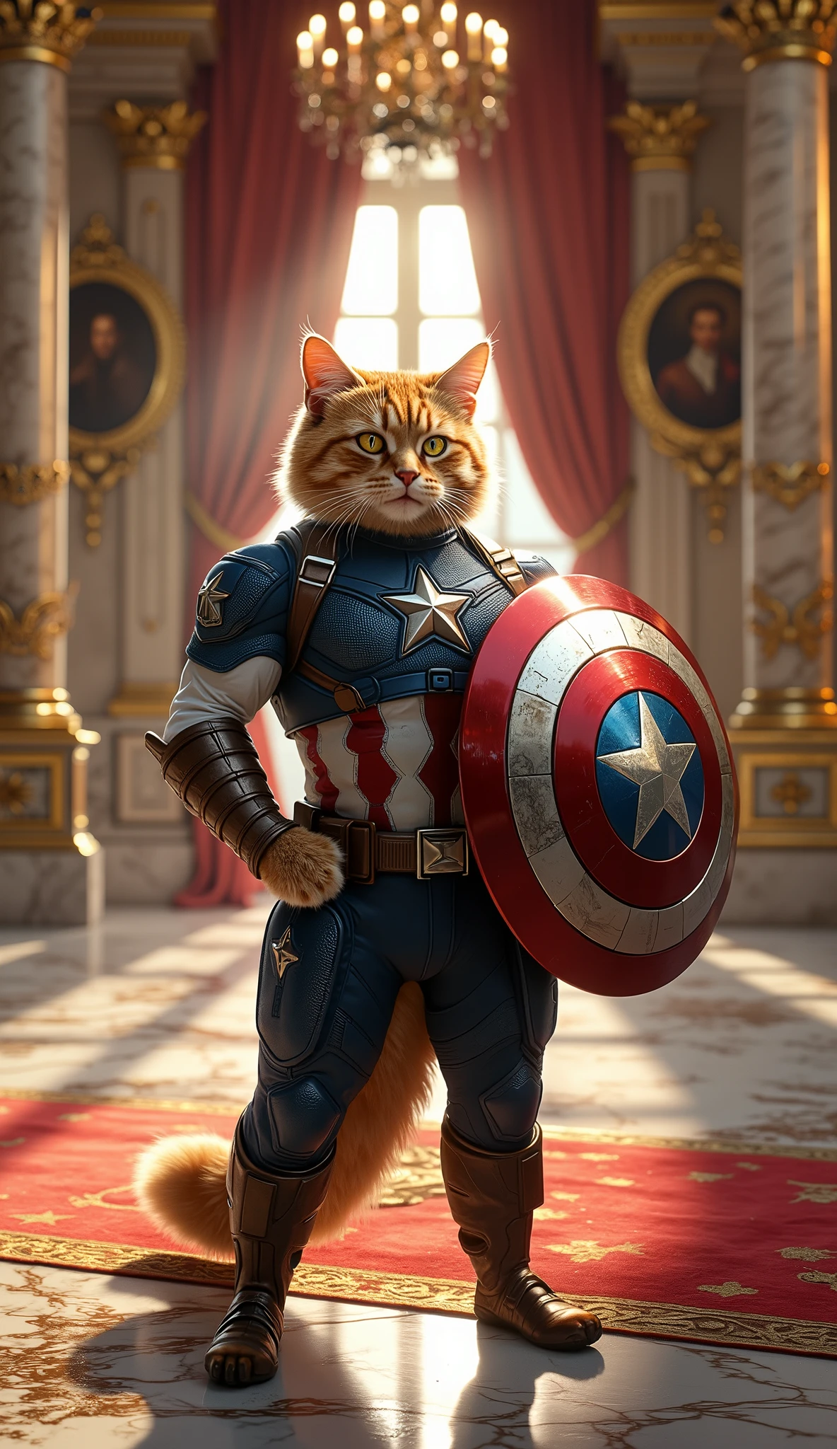 A heroic and majestic cat standing proudly in a highly detailed and perfectly fitted Captain America suit, including a star-emblazoned chest plate, red and white torso stripes, and sleek blue armor. The cat is holding a small but accurate version of Captain America’s iconic round shield, made of shiny vibranium-like metal with a metallic red, white, and blue pattern and central star. The cat's pose is powerful and confident — one paw raised slightly, shield positioned in front like a protector, and its tail arched proudly behind. Its expression is fierce yet noble, with glowing, intelligent eyes and well-groomed, soft fur.
The setting is inside a grand, opulent royal palace interior. The background features tall golden columns with intricate carvings, polished white marble floors with golden inlays, red and gold royal carpets, and massive windows with flowing, velvet curtains. Elegant chandeliers hang from the high ceilings, casting warm golden light across the room. Portraits and ancient royal artifacts line the marble walls, adding richness and depth to the environment. Sunlight streams in from the windows, softly illuminating the cat’s armor and casting a dramatic glow on the shield.
The image is rendered in ultra-high-definition (8K level detail), with crisp textures on the suit fabric, realistic fur strands on the cat, and deep lighting contrast to emphasize the majestic and heroic tone. The composition balances fantasy and elegance with comic-book superhero style.