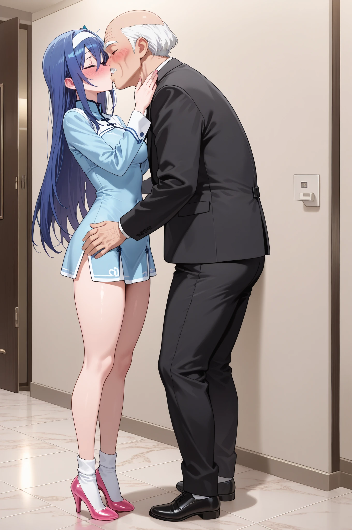 Nudity, masterpiece, best quality, (1faceless boy:1.3),(boy grabbing breast:1.1),1girl .(school uniform:1.2), black long hair,brown eyes,(classroom:0.8), (sunset:0.7),(medium breasts:1.4), (sad smile:0.8), full body, closing eyes