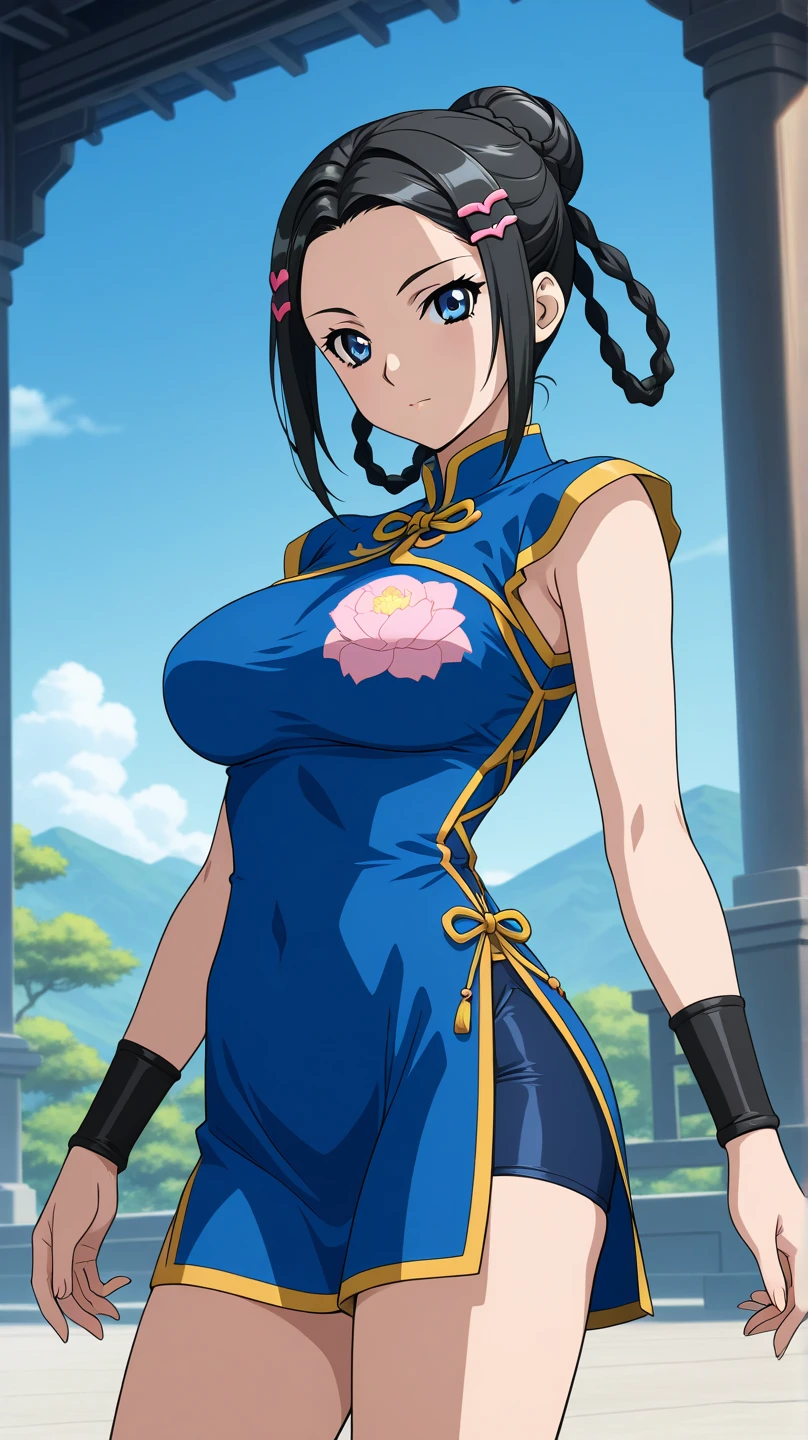 long black hair, colored skin, brown skin, blue eyes, solo, smiling, standing, upper body, hips, gigantic breasts, blue clothes, cleavage