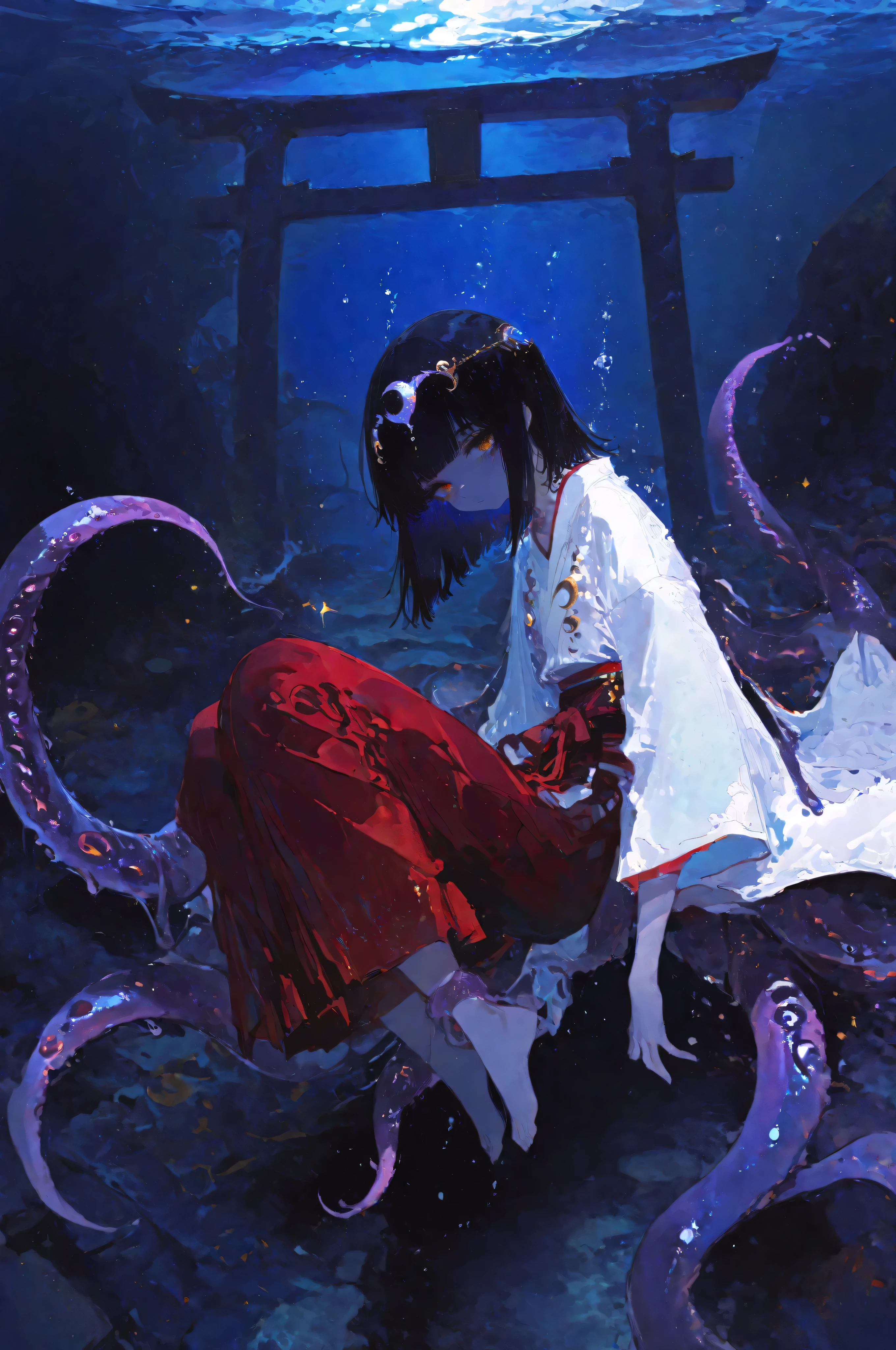 a290,748cmstyle, style_name, solo, small girl, medium hair, black hair, gold eyes, white kimono, red hakama, freediving, submerged, looking at viewer, barefoot, fetal position, arms at sides, sunken Senbon Torii, blunt ends, purple tentacle, very wide view, blue scale, crescent moon headpiece, Getting tangled in tentacle