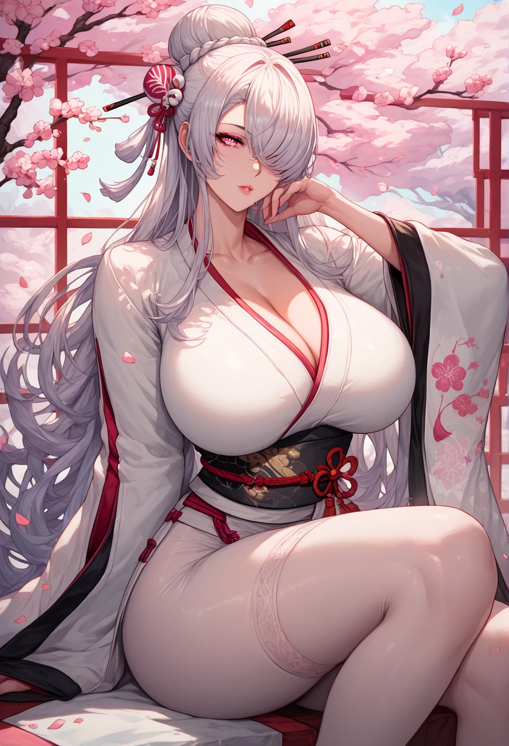 best quality,masterpiece, high res,original, beautiful detailed eyes,ultra-detailed, perfect anatomy,
1girl, solo, full body,
japanese clothes, kimono, white and black kimono,
large breasts, wide hip, mature female,
glamorous body, slender body,
perfect lighting,Colorful, Bright_Front_face_Lighting, shiny skin,
(beautiful_face:1.5),