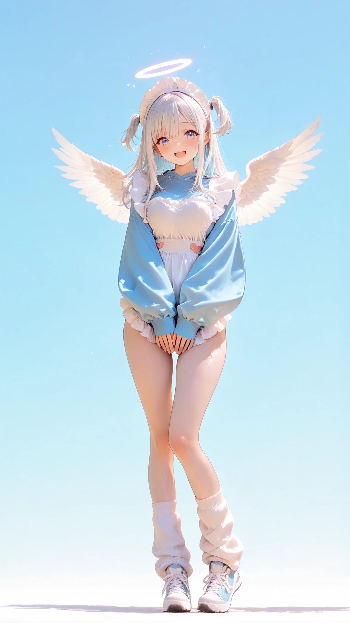 ((Ultra-detail, 8K, cute, highest quality, very aesthetic, masterpiece, high brightness,puff-sleeve,cute girl)), Break//(masterpiece, best quality), ultra-detailed, full body, standing pose, cheerful and energetic pose, pastel sky blue background, 17 year old girl, elegant teenage proportions, twosideup hairstyle, long silver hair, soft blue eyes, bright and happy smile, tenshi kaiwai style, pastel color scheme, sky blue and white theme, sporty sky blue jersey with oversized sleeves, long sleeves covering hands (moe-sode), white frilly maid apron, frilly maid headdress with tiny angel wings, white angel wings on back, white leg warmers, thick-soled sneakers matching the outfit, soft white angel feathers gently floating in the air, uplifting atmosphere, soft lighting, clean shading