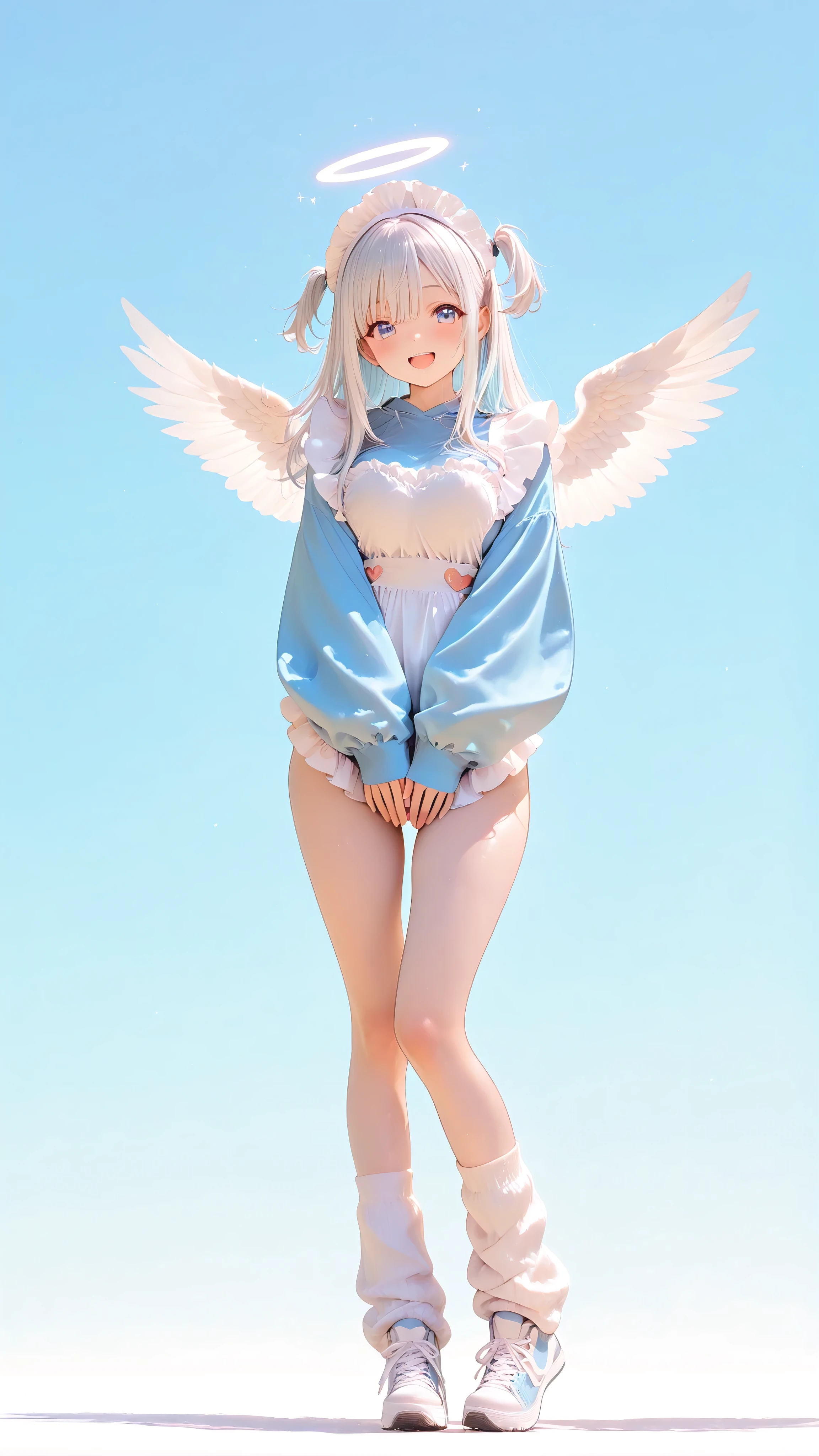 ((Ultra-detail, 8K, cute, highest quality, very aesthetic, masterpiece, high brightness,puff-sleeve,cute girl)), Break//(masterpiece, best quality), ultra-detailed, full body, standing pose, cheerful and energetic pose, pastel sky blue background, 17 year old girl, elegant teenage proportions, twosideup hairstyle, long silver hair, soft blue eyes, bright and happy smile, tenshi kaiwai style, pastel color scheme, sky blue and white theme, sporty sky blue jersey with oversized sleeves, long sleeves covering hands (moe-sode), white frilly maid apron, frilly maid headdress with tiny angel wings, white angel wings on back, white leg warmers, thick-soled sneakers matching the outfit, soft white angel feathers gently floating in the air, uplifting atmosphere, soft lighting, clean shading