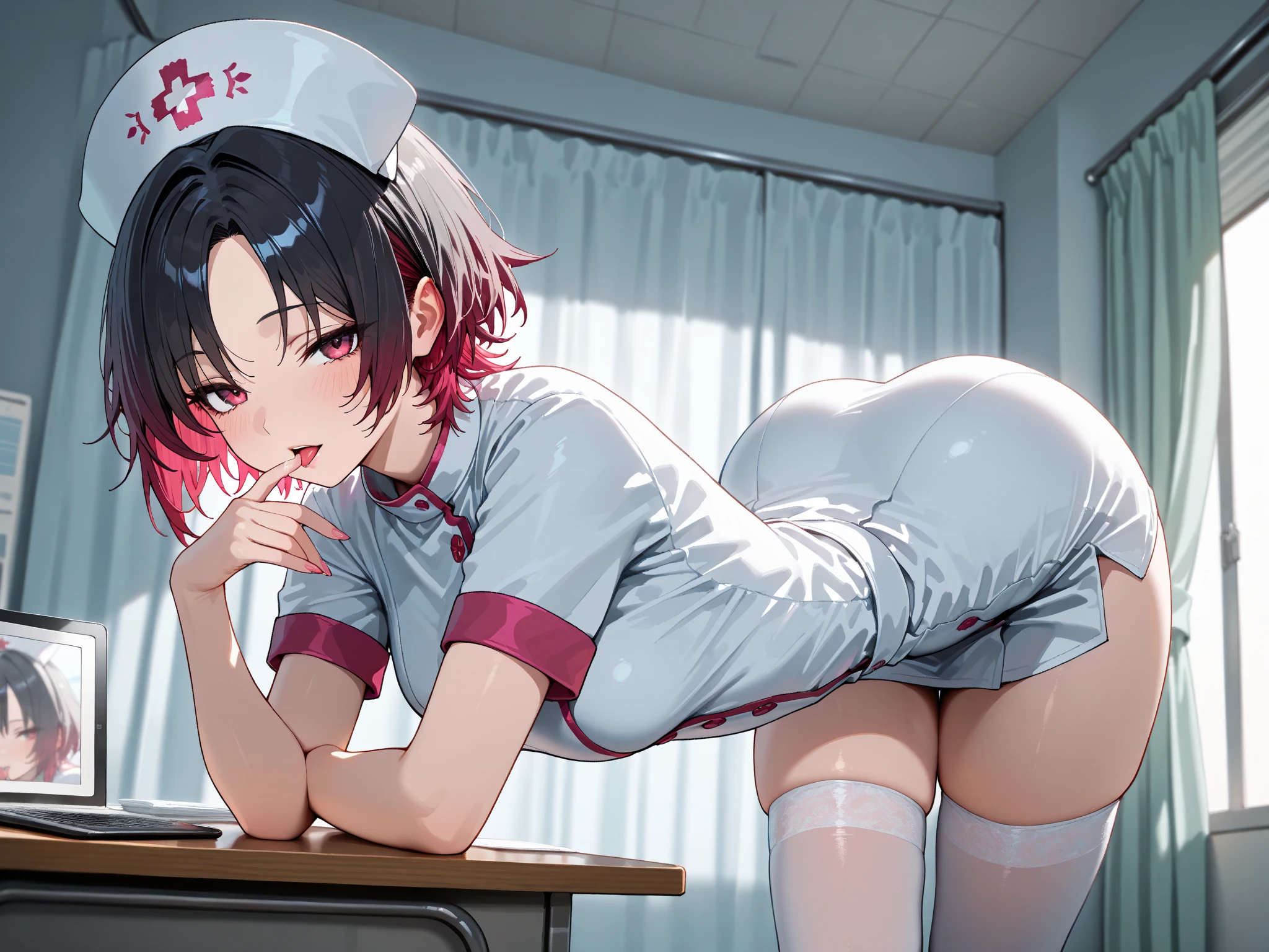 masterpiece, best quality, 1 girl, detailed beautiful face, white skirt, from back, ((pantie line)), bent over, (nurse), from below