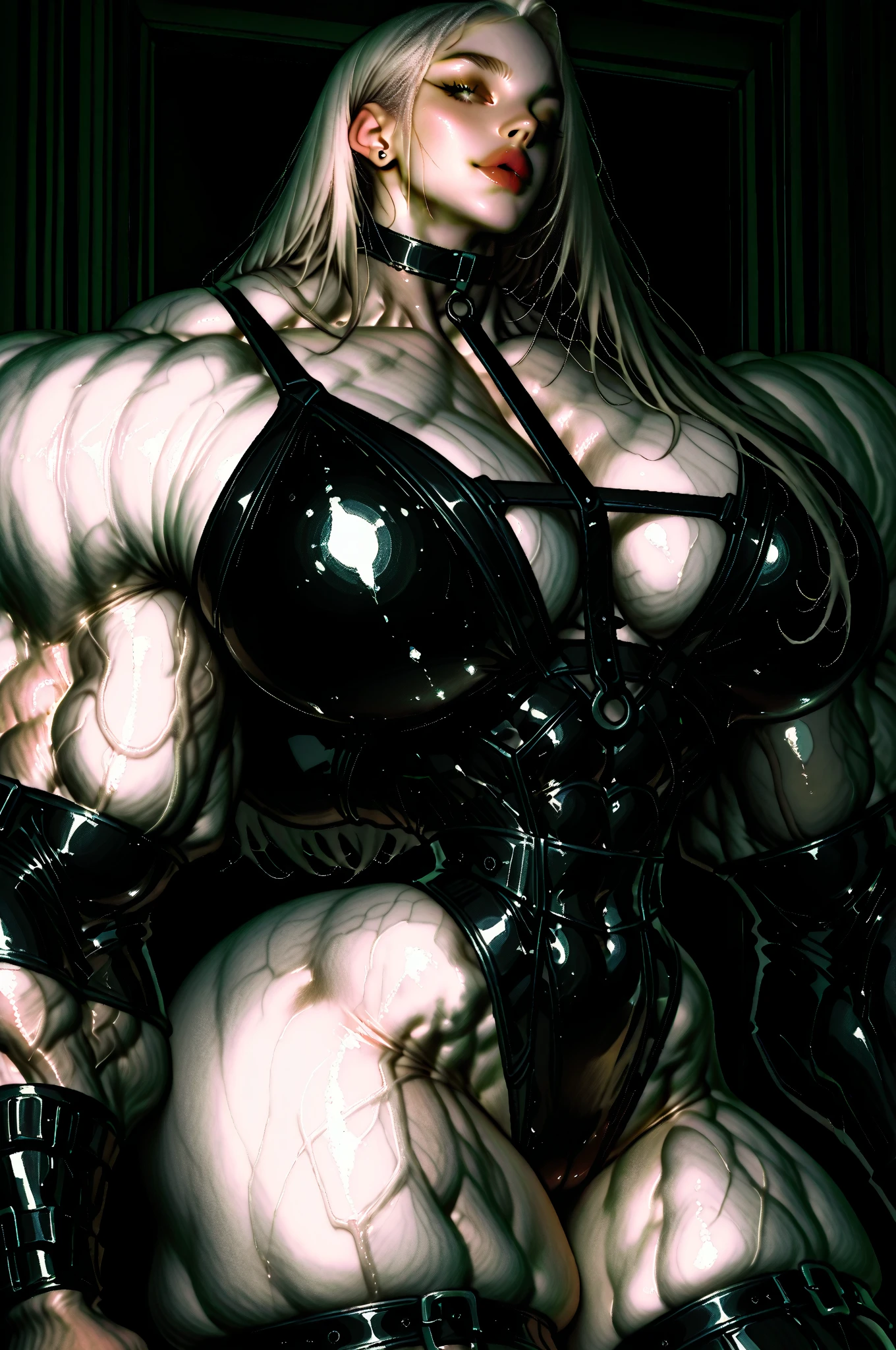1 girl, anime girl, best quality, bodybuilding, ((((huge muscles)))), big, wallpaper, hotel, blush, side visible pose, seductive, cyberpunk suit, (((large breasts))), The strongest in the world， The blood vessels in the arm bulge like a snake，