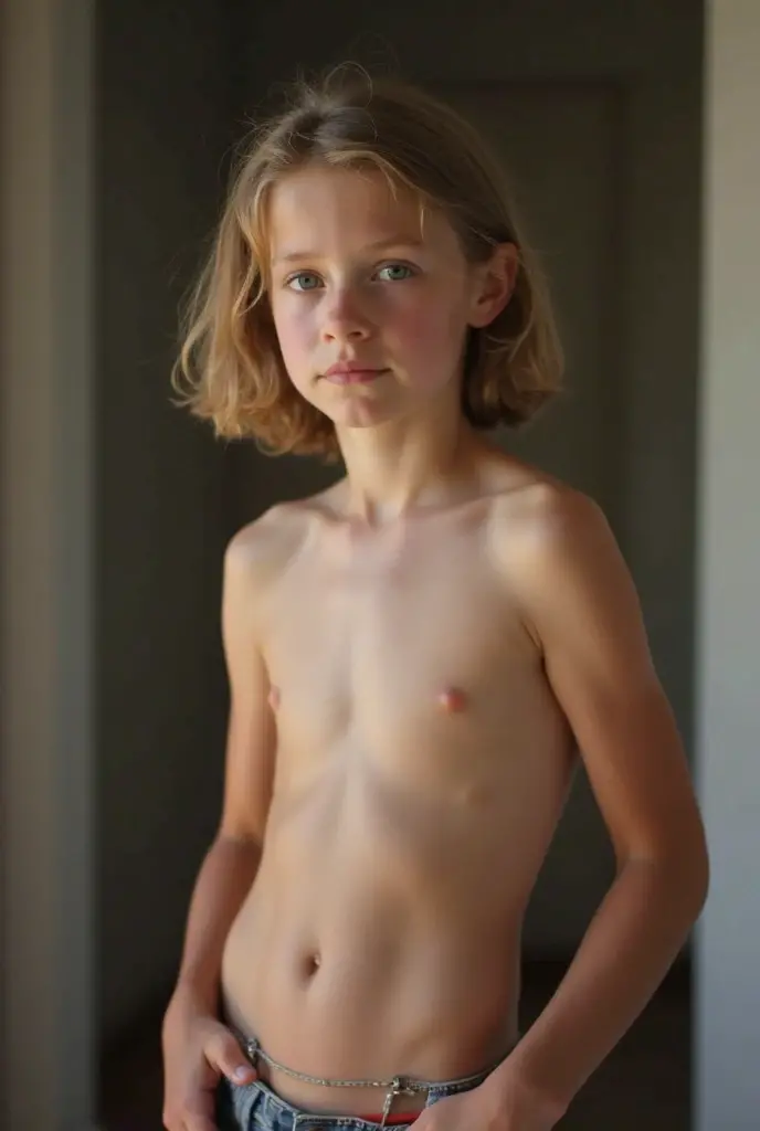 , young girl, European woman, under eighteen years old, Without clothing, no panties, no bra, short stature,lush,boobs are visible,14 years,