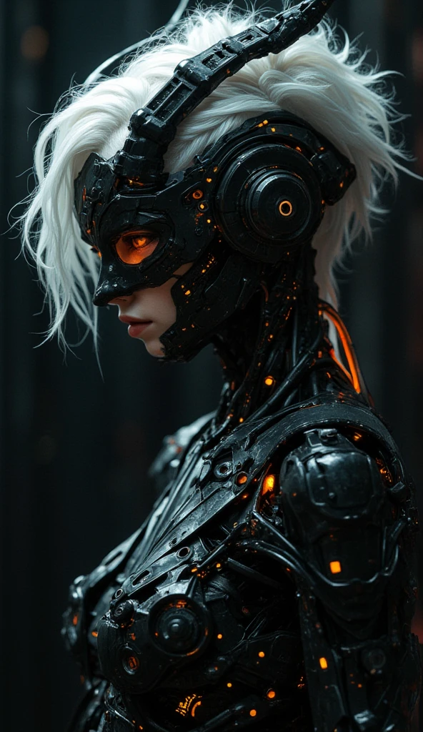 (masterpiece:1.2,high quality), 1girl, ((ultra realistic details)), global illumination, shadows, Unreal Engine, octane render, 8k, ultra sharp, metal, intricate, ornaments detailed, highly intricate details, yellow eyes, (mechanical body:1.2), white hair, (black gas mask), Gear, bob cut, hundreds of wires, Terran, (Robot, android:1.15), Apocalypse, broken buildings