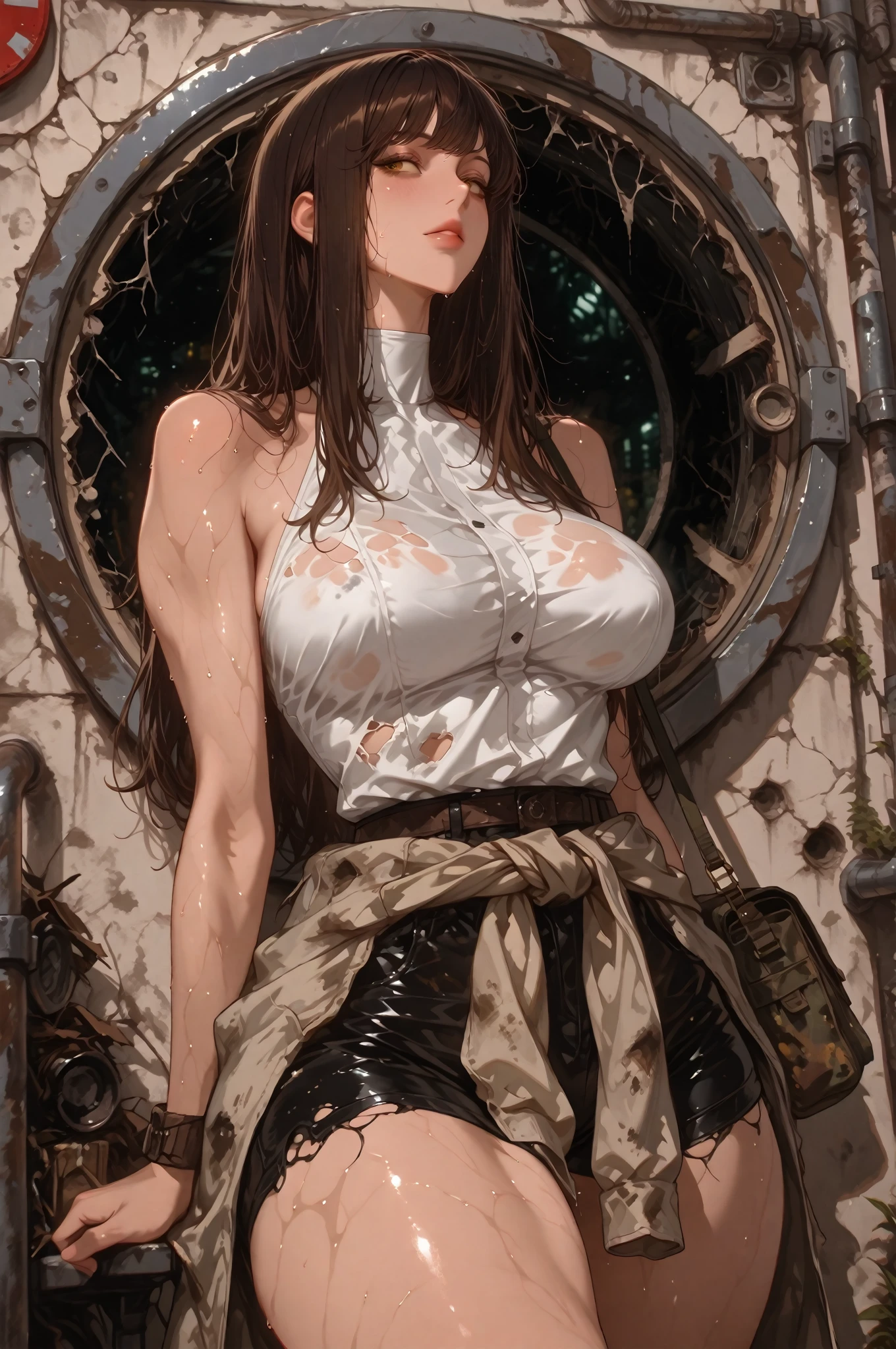 1female,41 years old,熟妇,A MILF,mature,plumw,extremely large bosom ,Pornographic exposure, 独奏,(Background with:aerodrome,fighter jets,inside of a cabin) She has short black hair,bobo head,Station,seen from the front, hair straight, mostly cloudy sky,(((tmasterpiece),(Very detailed CG unity 8K wallpaper),best qualtiy,cinmatic lighting,detailed back ground,beatiful detailed eyes,Bright pupils,Redlip(Very fine and beautiful),(Beautiful and detailed eye description),ultra - detailed,tmasterpiece,)),facing at camera,A high resolution,ultra - detailed),revealing breasts,Bare genitalia, Bulge,legs are open,Raised sexy,Camel toes,Flushed complexion,Open-mouthed,frontage,us airforce,Aviator,(Wearing:White transparent shirt,Black pantyhose)Iron Man uniform