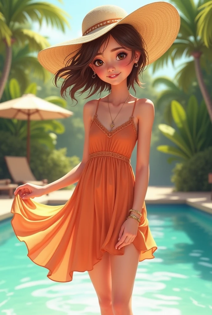 26 year old white woman、Hair is brunette、Eye color is blue、Short Bob、Slender but well-proportioned muscular body、accessories on the wrist、setting hair、a smile、I&#39;m so excited、Wearing a halter/keyhole/neck dress、I'm wearing sandals