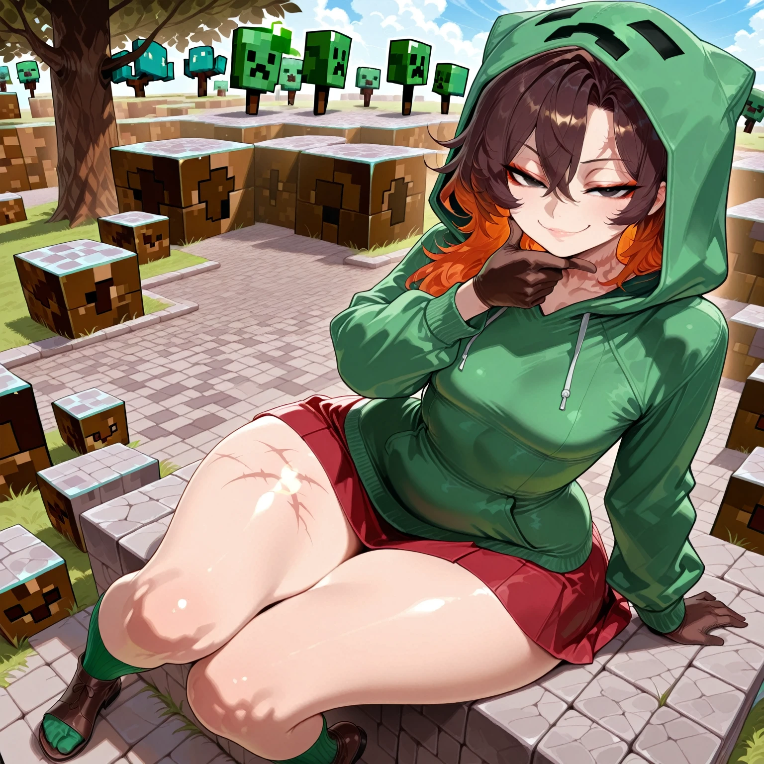 minecraft
Creeper
green hoodie
Creeper logo
Breast expansion
Super big breasts
grassland
personification
full-body shot