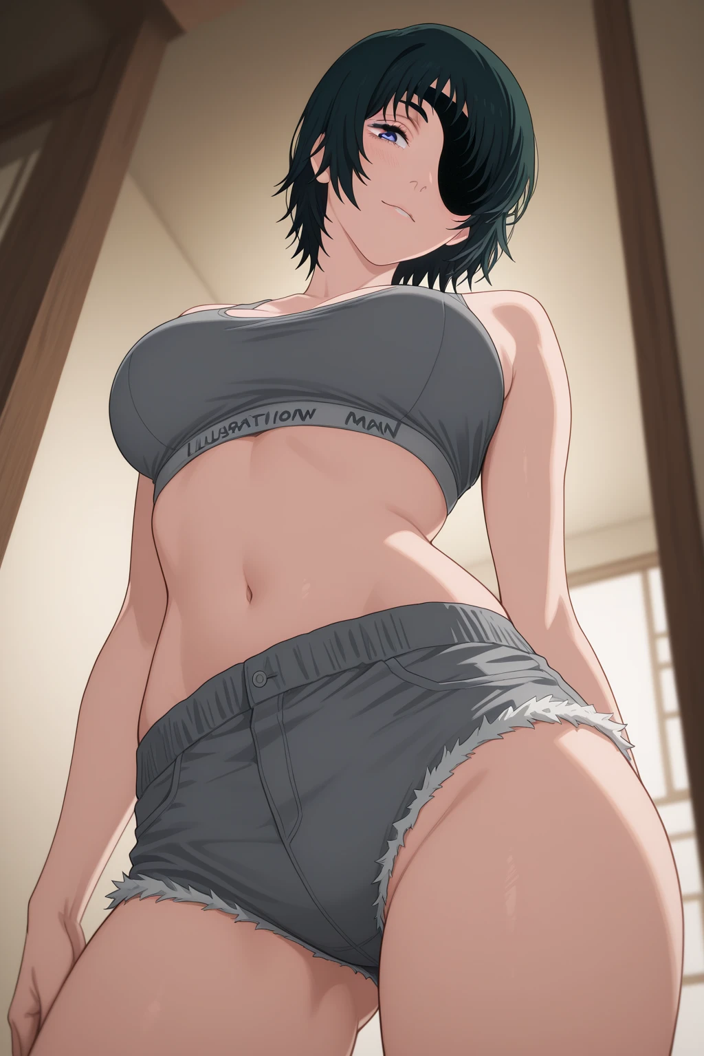 masterpiece, absurdres , (intricate details), (colorful),cinematic lighting,bust shot,extremely detailed CG unity 8k wallpaper ,hinata\(boruto\), 1girl, solo,mature female, arm up, looking at viewer, sports bra, locker room,cowboy shot, 