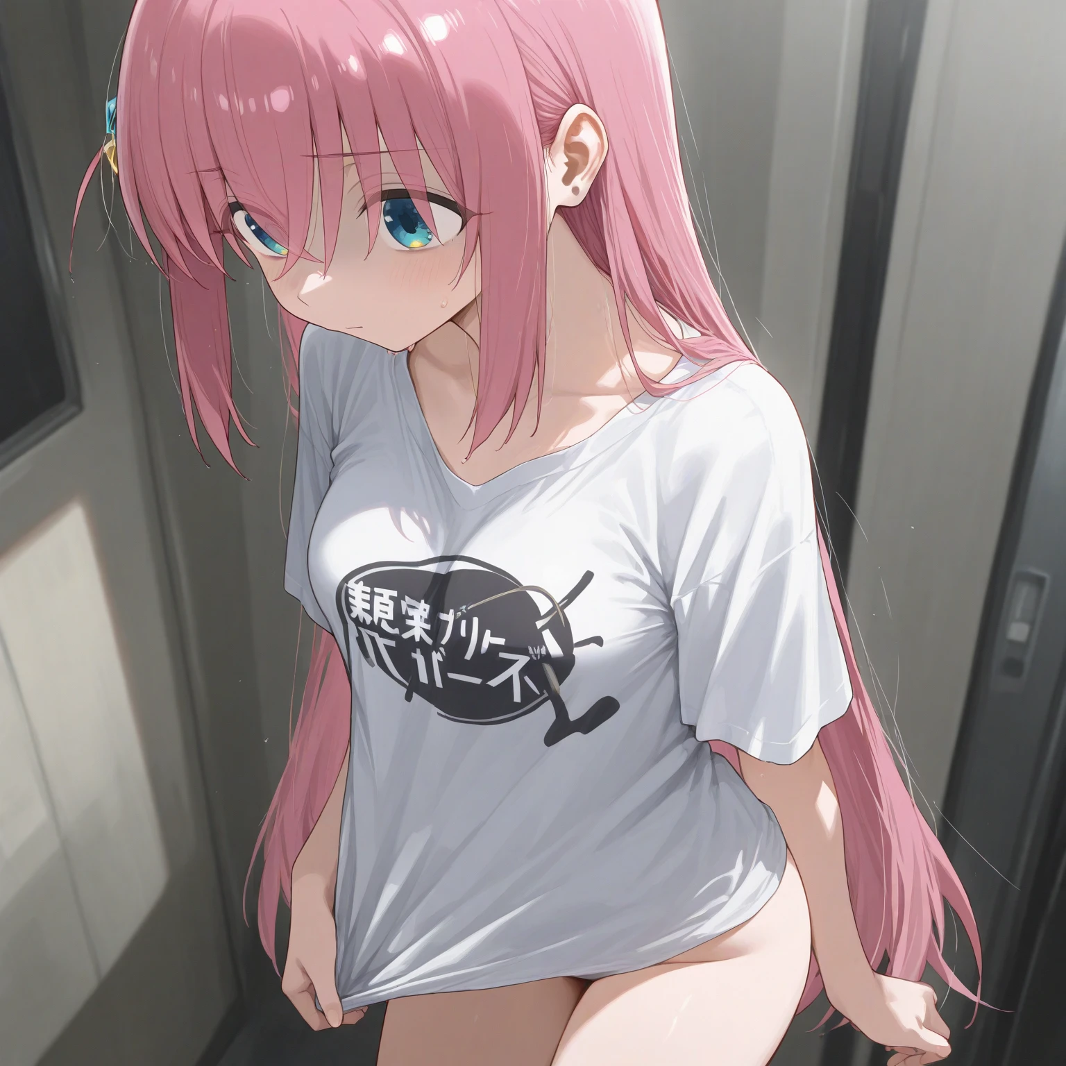 Une fille, nue, long hair, rose hair, medium chest, fingers in crotch