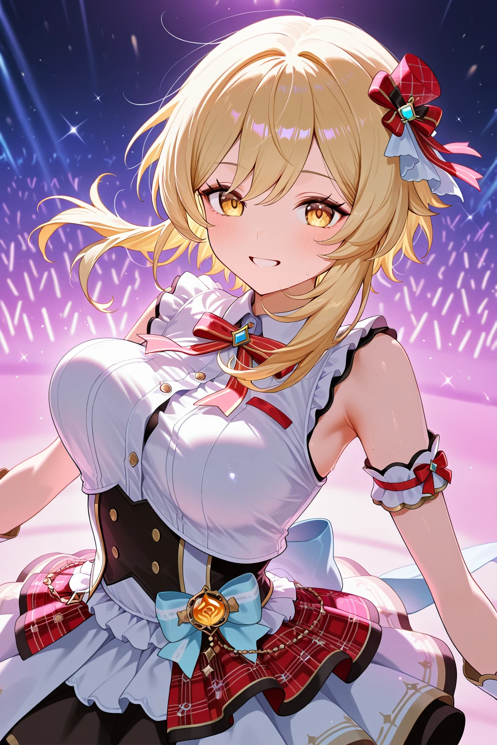 Highest quality、High resolution、Detailed Background、(Beautiful face in every detail:1.4)、Anatomically correct、(Normal number of fingers:1.2)、Highly detailed face、Detailed eyes、Teenage beauty、Huge breasts、Perfect body line、Light color hair、Braided bob cut、Braided Ponytail、Braided twin tails、well-groomed eyebrows、Attraction Park、Thrilling attractions、Stretch your arms、Show your side、
(Girl screaming with excitement and joy while riding a thrilling ride:1.5)、
Extremely excited、eyes wide open、Mouth slightly open or smiling widely、A slight redness on the face and neck due to an increased heart rate