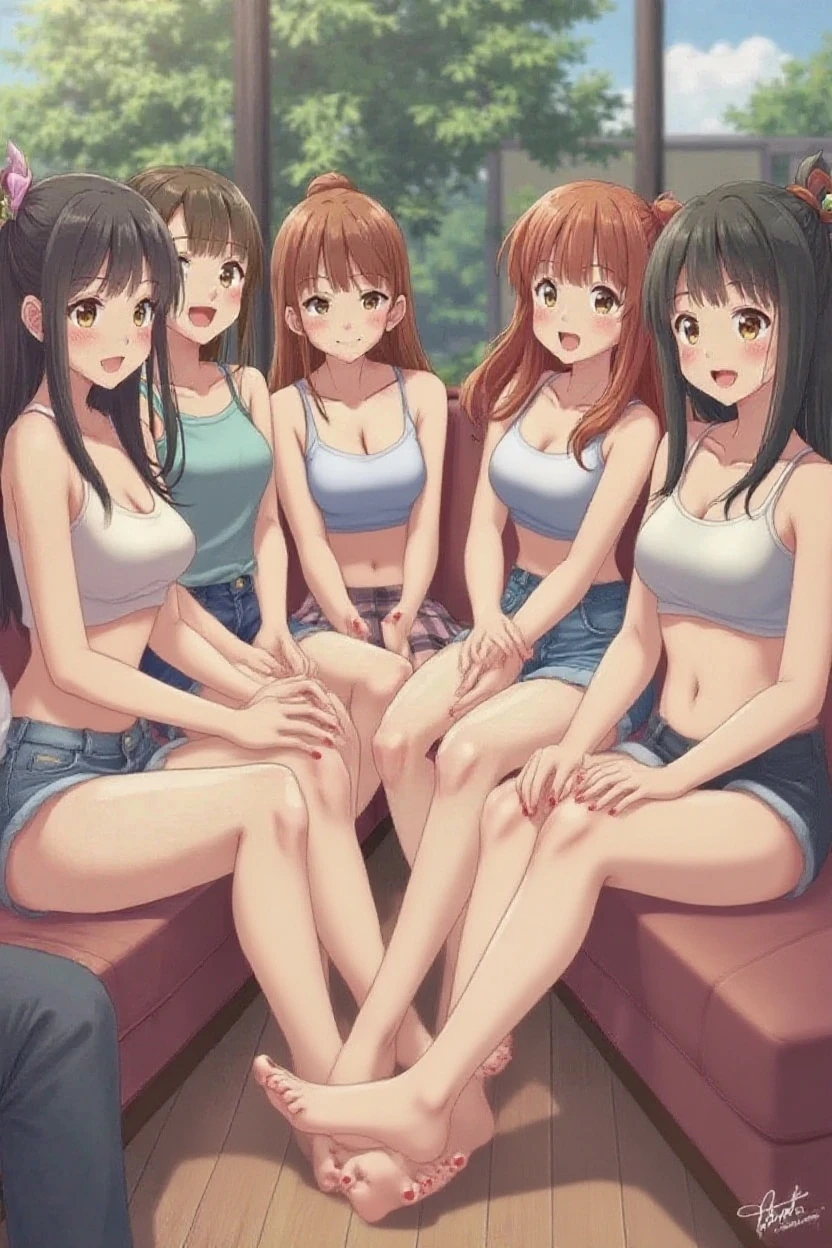4 girls, big breast, wearing summer dress
