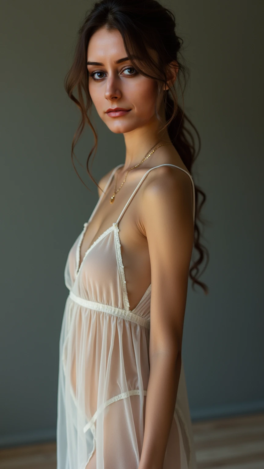 An image of a Japanese woman in a white silk camisole, taken from above, focusing on her chest.。
