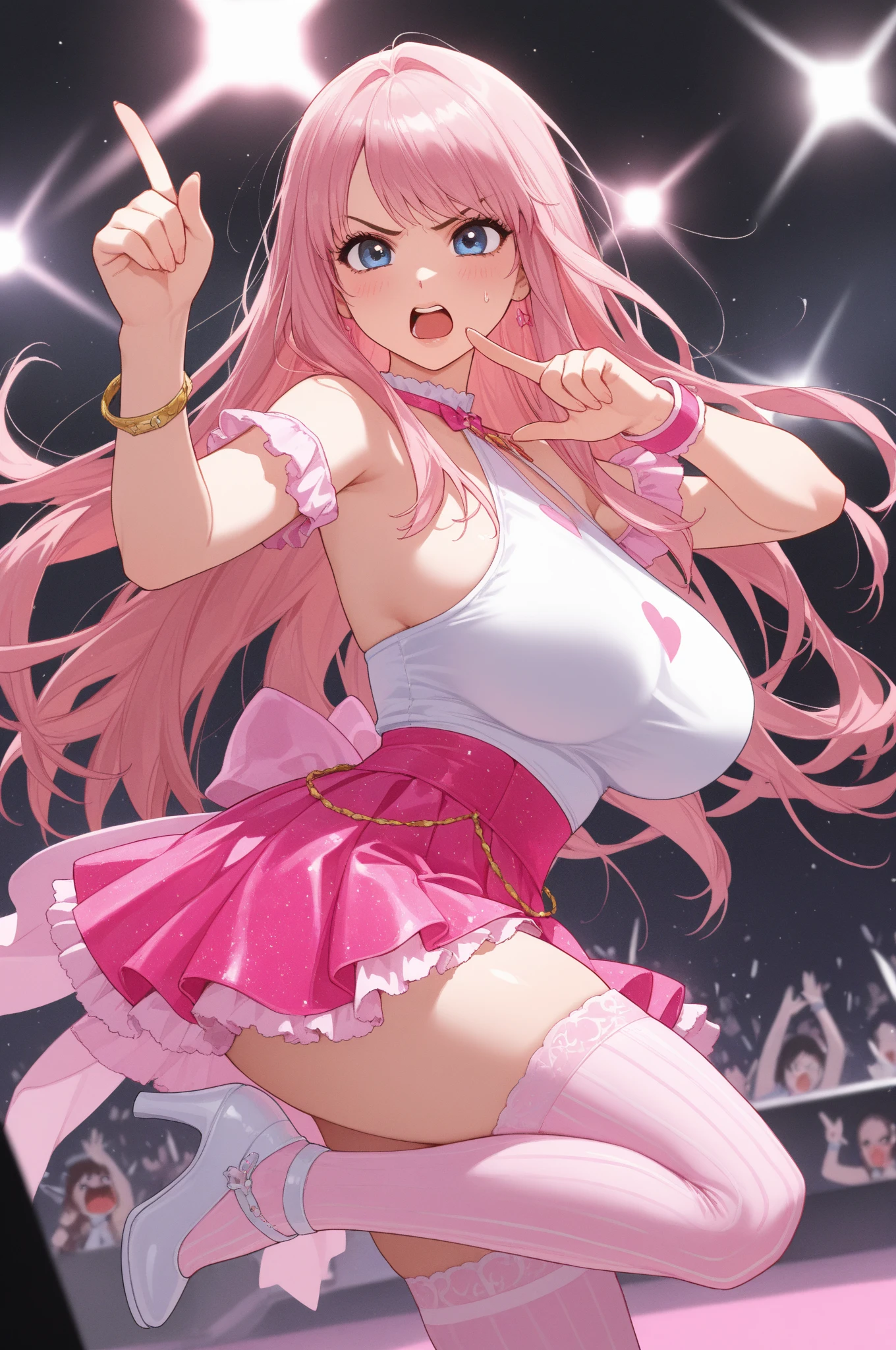 masterpiece、Soft Focus , Bright gradient watercolor、Tabletop, High resolution, 8k, Anime Women, Delicate and detailed writing 、Detailed digital illustration、high resolution, high quality、Detailed Background、Close-up photo、
long hair、Shiny Hair、Bright pink hair、bangs、Very beautiful woman、Idol、Double Eyes、(Large Breasts:1.4)、
(((Two arms、Four fingers, One thumb)))、Detailed female face、(Holding a microphone:1.3)、Singing on a microphone、(Idol Costumeini)、 short skirt、pink ribbon、pink rose hair accessory、pink and white outfit、(see-through nipples:1.2), (see-through pussy:1.4)、(large breasts:1.5)