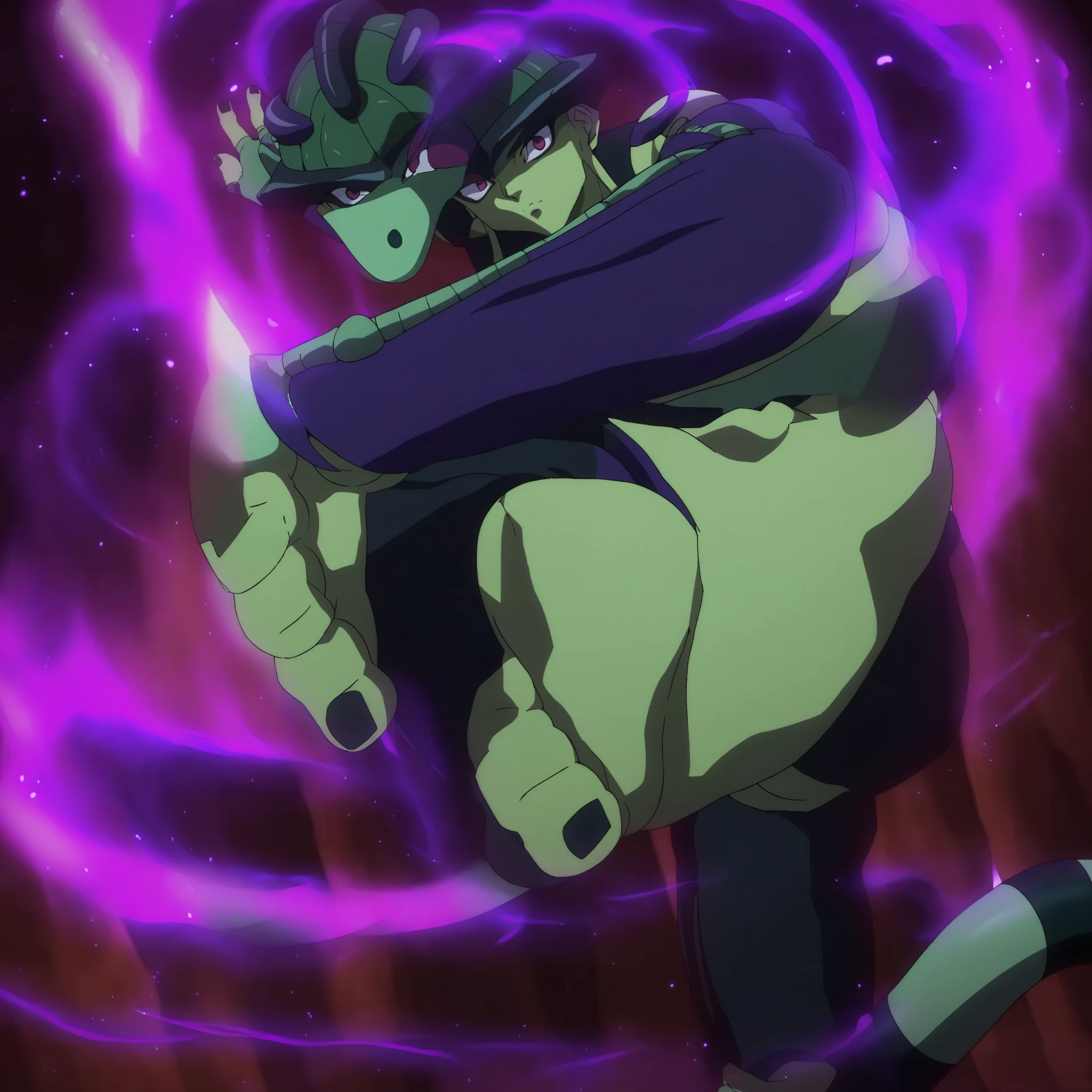 Terrifying woman with 6 arms coming out of her own body, green skin, green hair, orange eyes