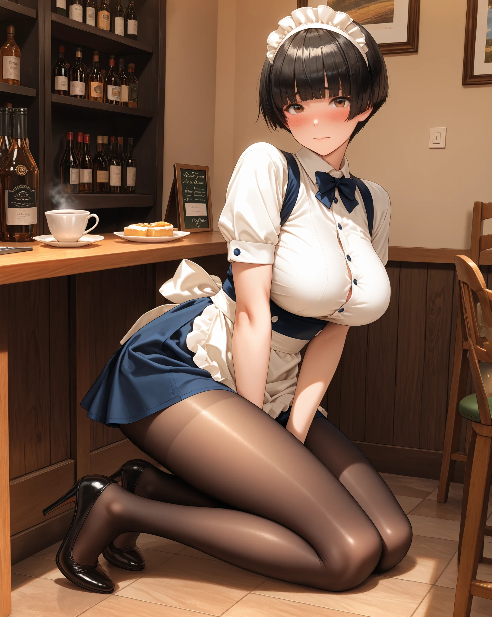 (((masterpiece, Highest quality, High resolution, 超High resolution, Perfect Pixel, Depth of written boundary, 4K, RTTX 10.0))), Beautiful Anime Woman, Beautiful art style, Anime characters, ((Smooth texture, Realistic texture, Anime CG Style)), Exact finger count、Exact number of legs、(Exact number of arms:1.0, Exact number of hands:1.0), (Perfect hands, Perfect Anatomy), Cinematic, Realistic, Extremely detailed CG, Daytime lighting, Perfect lighting, Best Shadow, The best natural light, whole body, Perfect body, Slender body, ((bangs, Dark reddish brown hair, Stylish and cute ponytail hairstyles), Long Hair), (Detailed face, Cute Face), (A grown woman standing with her own hand lifting up her skirt:1.7), (black and white maid outfit, Maid clothes with ruffles and lace, pumps:1.3)、Angle from the front, ((セクシーでかわいいDark blue panty:1.3), (Glossy satin panties, Side-tie panties, Lace panties:1.3), (Dark blue panty, lace garter belt, Garter Strings, Knee socks:1.3)), (Beautiful big boobs), (Beautiful and thin thighs:1.3), Feeling embarrassed, (blush:1.2), (Very embarrassed look:1.5), (maid Cafe, Tables and chairs, Many male customers in the background, The male customers are chatting:1.4)
