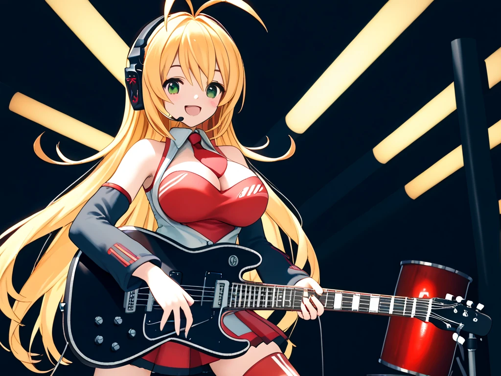 (masterpiece, best quality:1.2), solo, 1girl, makijam, grin, playing guitar, holding instrument, antenna hair, hair beads, headphones, white vest, red necktie, detached sleeves, red skirt, single thighhigh, red thighhighs, bare shoulders, cleavage, concert, spotlight <lora:voiceroid_tsurumaki-10:1>