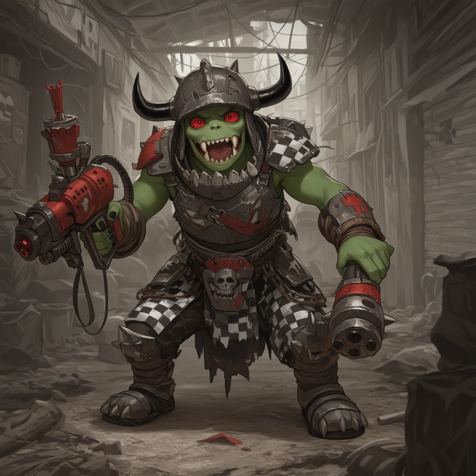 <lora:orkz:1> wh40k Ork, warhammer 40k, Ork, orkz, skull, shootas, spikes, red armor, fire