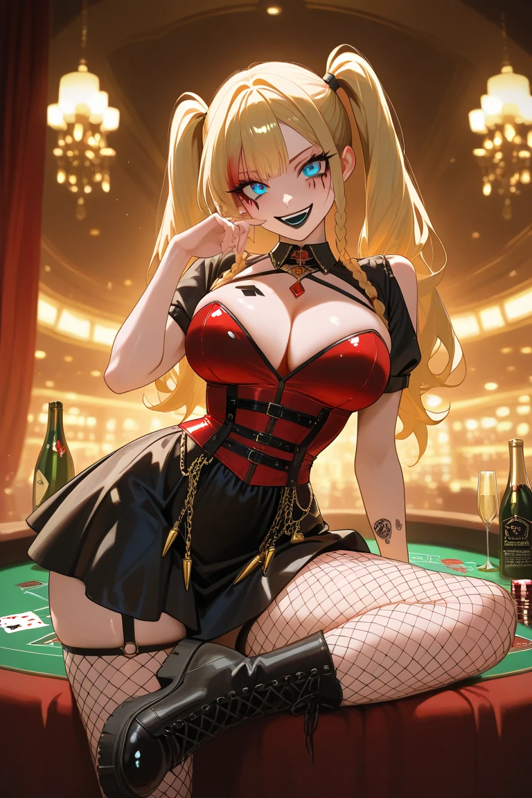 masterpiece, best quality, 1girl, solo, smile, playboy bunny, bunny girl, black leotard, fake bunny ear, fake bunny tail, <lora:harley_quinn_(batman_arkham_knight):1>