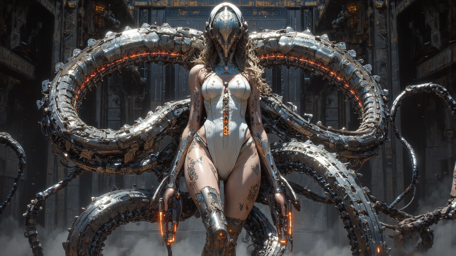 (masterpiece1.2),(best quality:1.2),(raw photo),ptp girl, solo,robot woman by cybernetic ludum dare, legs, boots,(light smile:0.85),looks at viewer,face to viewer,in the style of sci-fi baroque, (rococo_style headgear), translucent thin tubes linked with helmet,white,azure hue, glowing zure_color light,8k resolution, machine aesthetics, intricate detail, hyper-realistic sci-fi, futuristic organic,(high key lighting),the bodysuit composed of  various translucent mechanical parts, H.R. Giger aesthetic,cyberpunk aesthetic. baroque xenomorph,dust in light,foggy,bokeh,kodak film,kodak portra 400,natural skin, true skin texture, <lora:rococo xenomorph:0.5>