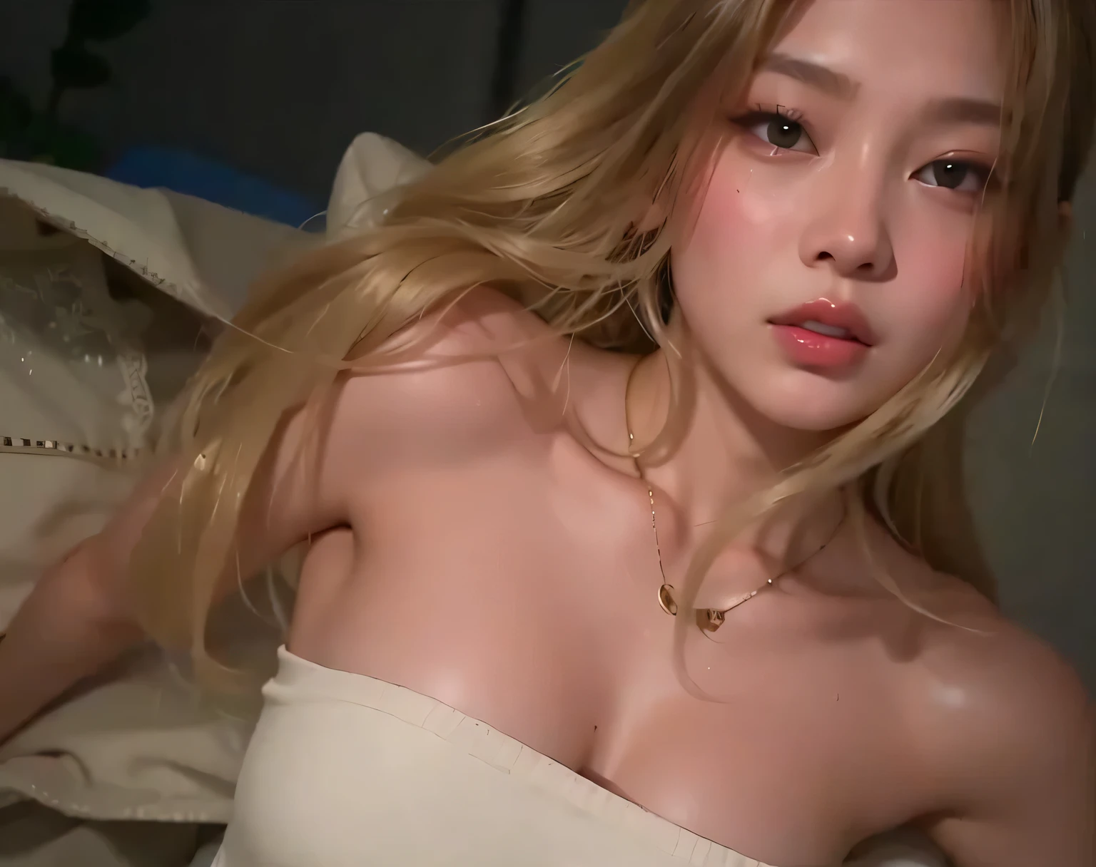 Kneeling, feminine figure, pretty face, tight white clothes, seductive dreamy stare, ((very busty, big soft heavy boobs)), wavy ((blonde)) hair, choker, collar, ((18 yo, detailed face)), magical mist energy, hair flower, blush, pretty, elegant, cute, youthful, teen, teenager, choker, collar, (young), ((((Victorian bedroom, naked))))
