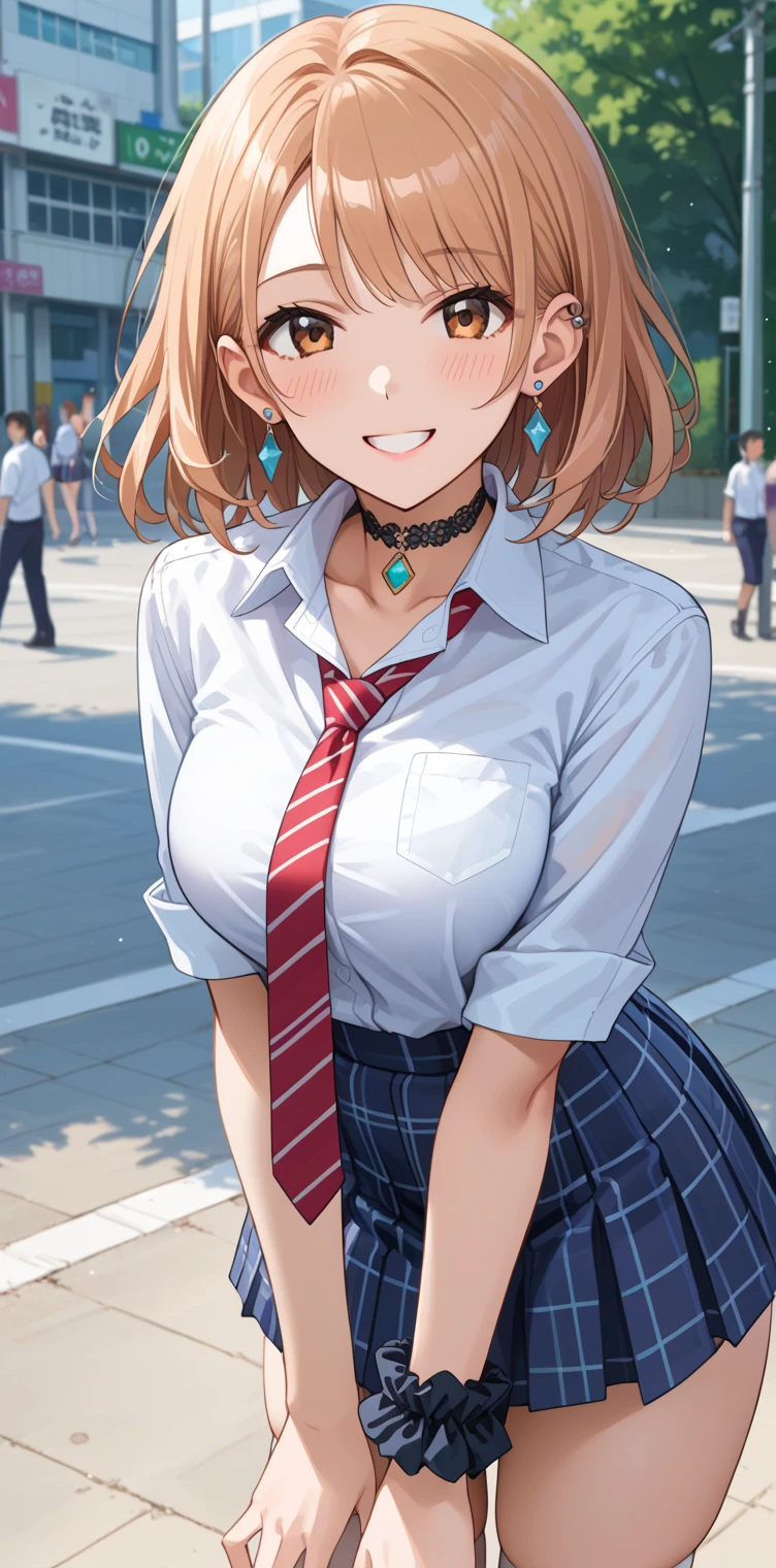 (masterpiece:1.3, top-quality, ultra high res, ultra detailed), (realistic:1.1, photorealistic:1.4), beautiful illustration, perfect lighting, colorful, depth of fields, 
beautiful detailed hair, beautiful detailed face, beautiful detailed eyes, beautiful clavicle, beautiful body, beautiful chest, beautiful thigh, beautiful legs, beautiful fingers, 
looking at viewer, 1 girl, japanese, high school girl, perfect face, (perfect anatomy, anatomically correct), cute and symmetrical face, babyface, suntan, shiny skin, 
(middle hair:1.5, twintails:1.2, blonde hair), asymmetrical bangs, blue eyes, long eye lasher, (medium breasts), slender, 
((collared short sleeve shirt, light blue shirt, school uniform, grey plaid pleated skirt, navy tie)), light blue panties, 
(beautiful scenery), evening, (park, grass, cityscape in the distance), wariza, ((double peace)), (lovely smile, upper eyes), 