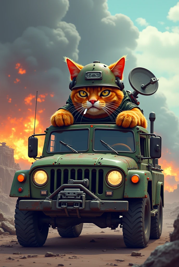 A helicopter in the exploding sky、A golden chariot emerges from the rolling clouds on XDL、Macro detailed 3D image of a cute cat sergeant riding a gold tank with the letters SCT written on it。 The cat wearing a helmet with XDL written on it is on his right hand.#387 flag and rifle in hand、Staring straight ahead with bright light blue eyes against an out of focus background。The portraits are realistic with studio lighting。
