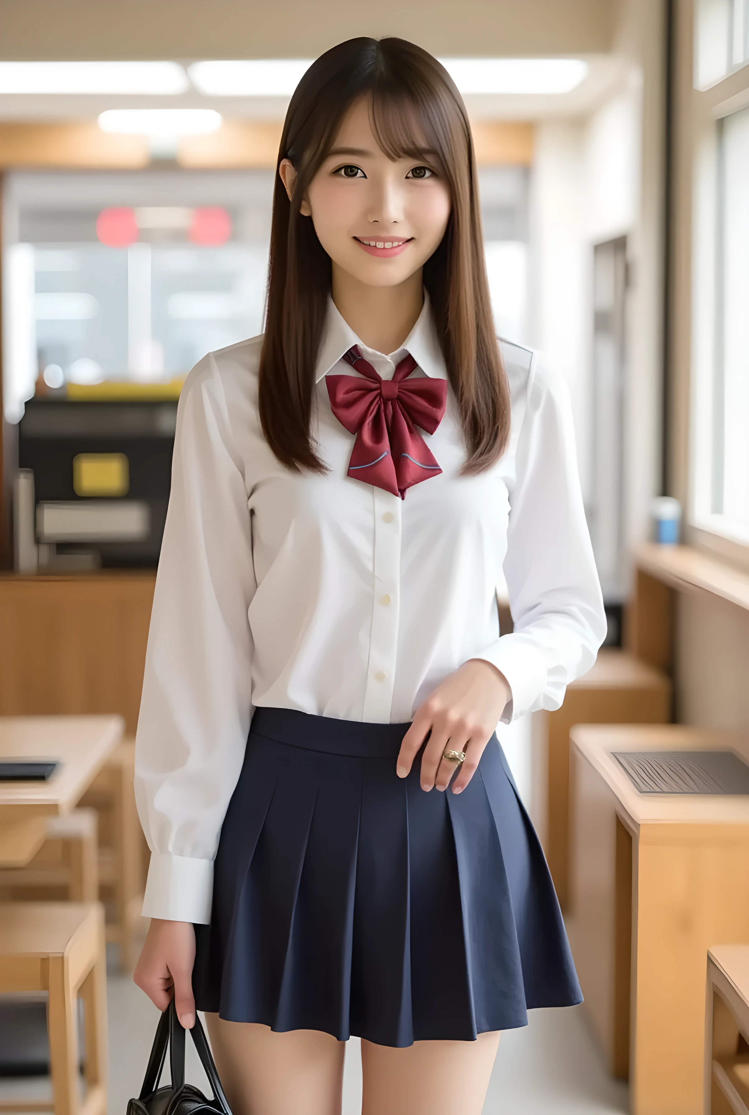       super real ,       photorealistic   ,    (Full body image:1.5),  she looks so happy      , shadow,           global illumination that kicks while spinning          , Alone, (Japanese woman in her 20s :1.5),      very beautiful、     Cute Smiles ,    Slim,    brown hair ，　Beautiful legs ， Long, slender legs ,       Surimi West   ， She's wearing a receptionist   ，wearing a bus guide  ，   turn your body forward、  white hair，full body photo  ，Please take a picture up to the tip of your foot  ，wear brown fishnet stockings on her legs  ，When the light hits stockings, they reflects beautifully.，　wearing pink high heels      ，