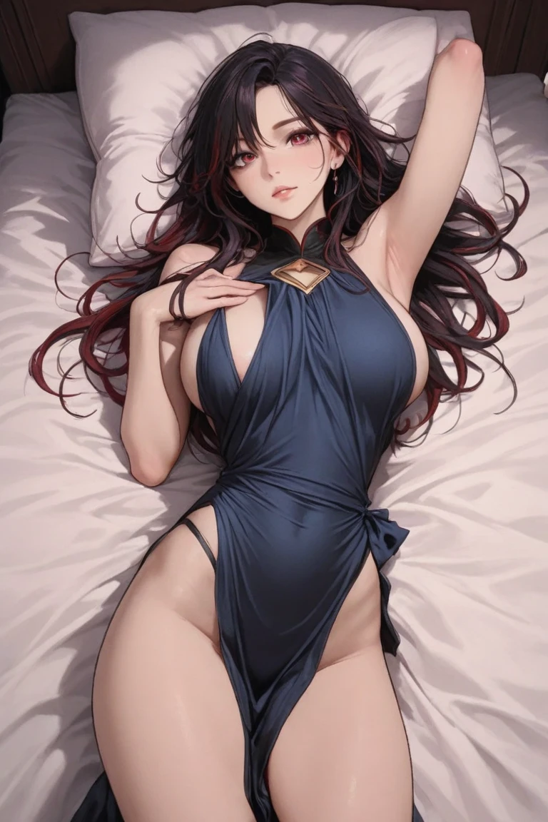 (La mejor calidad, Obra maestra), 1girl, 19 year old ,galaxia, brillar, vestido, Particle, viento, Flor, Parte superior del cuerpo, Mirando al espectador, cabello largo , vestido de verano , maquillaje , labios rojos , hermosa sonrisa , fondo variado. Mlp , Sunset Shimmer , posando sexy en cama boca abajo