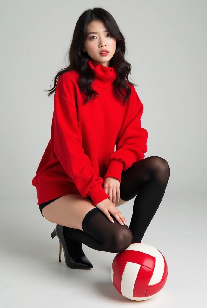 1 hermosa mujer sentada, on a cozy couch,Cruce de piernas,Luz suave, Red sweater, shorts blancos