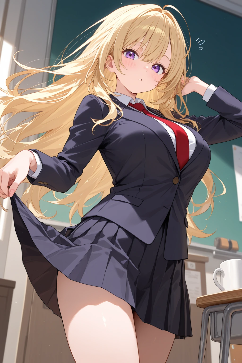 absurderes:1.8, ((From the thigh up:1.5, beautiful clear eyes, from below:1.6,)), ((school uniform, blazer、skirt lift by myself:1.5, showing panties, panties emphasis:1.3, blond hair))、(1woman), Unity 8K Wallpaper, Masterpiece, detailed hair, highly detailed, ( panties:1.4, school),, (Frustrated:1.4), (blush:1.3)