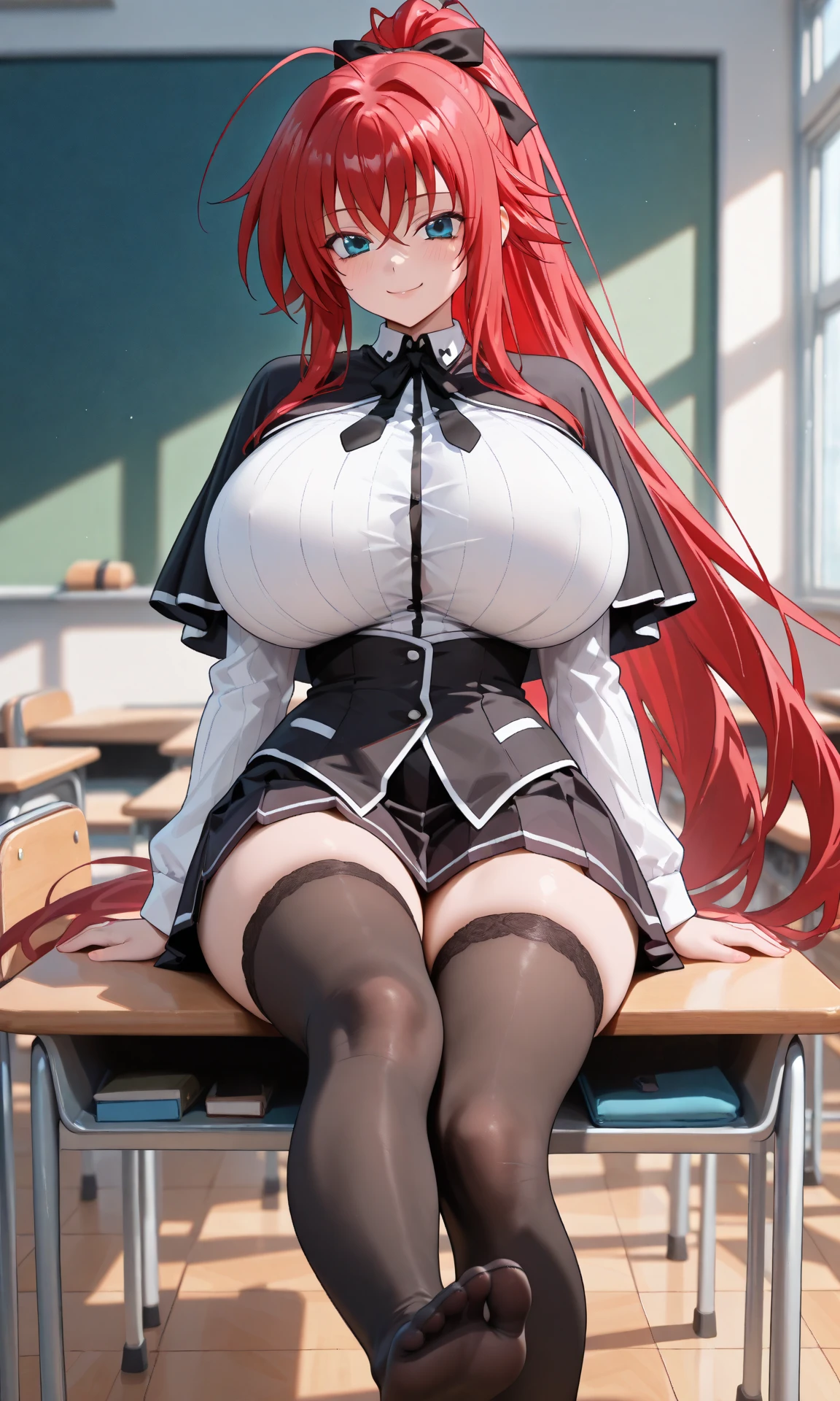 (Masterpiece:1.2, high quality:1.2), (solo:1.2), (1girl:1.2), (pixiv:1.4), (Rias gremory), indifferent, (glare:0.8), crimson red hair, wavy long hair, sharp bangs, crystal green eyes, (detailed eyes), double eyelids, black eyeshadow, long eyelashes, pale pink lips, beautiful face, detailed face, plunging neckline, collarbone, busty cleavage, (beautiful round breats:1.2), school uniform, unbuttoned shirt, pleated skirt, pantyhose, (pov from below), front view, stockings, thighs, sitting on desk, dynamic lighting, (window), windowsill, blue sky, ((detailed face)), ultra-detailed, intrinsic details, vivid colors, aesthetic indoors, classroom, HD, 4k, (highres:1.5), professional photography, blurry background, sharp focus