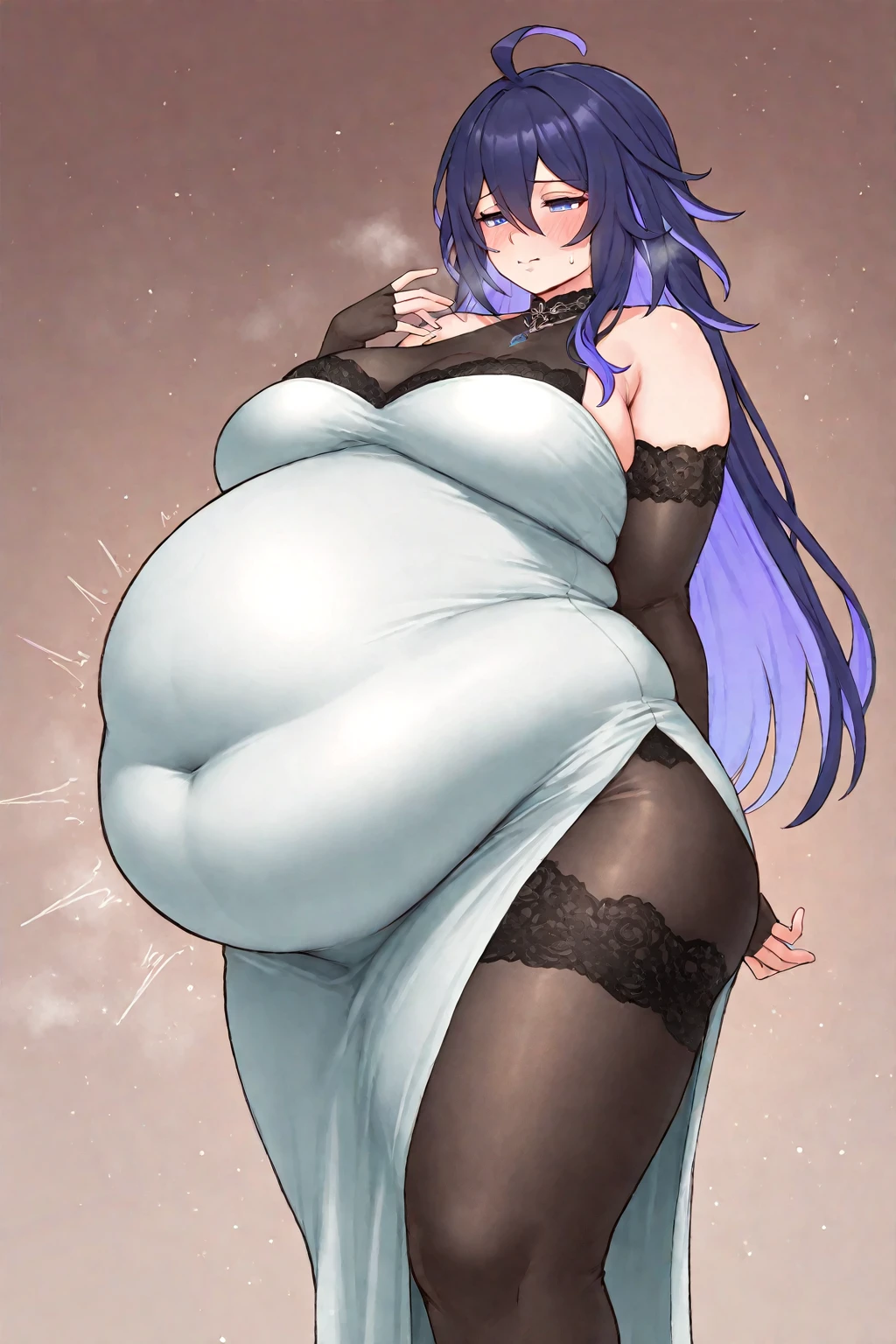 Mulher pregnant com vestido roxo gigante, high qualiy, awardwinning, high resolution, 8K , standing alone, 1woman, from the front, mellow, milf, purple cropped hair, blue colored eyes, long cloak decotado , tall woman, 29-years-old, milf, cuvilinear body, breasts small, huge  ass , big-ass, pregnant, cabelo roxo, long cloak, hinterland, dress covers the legs, seducing gaze