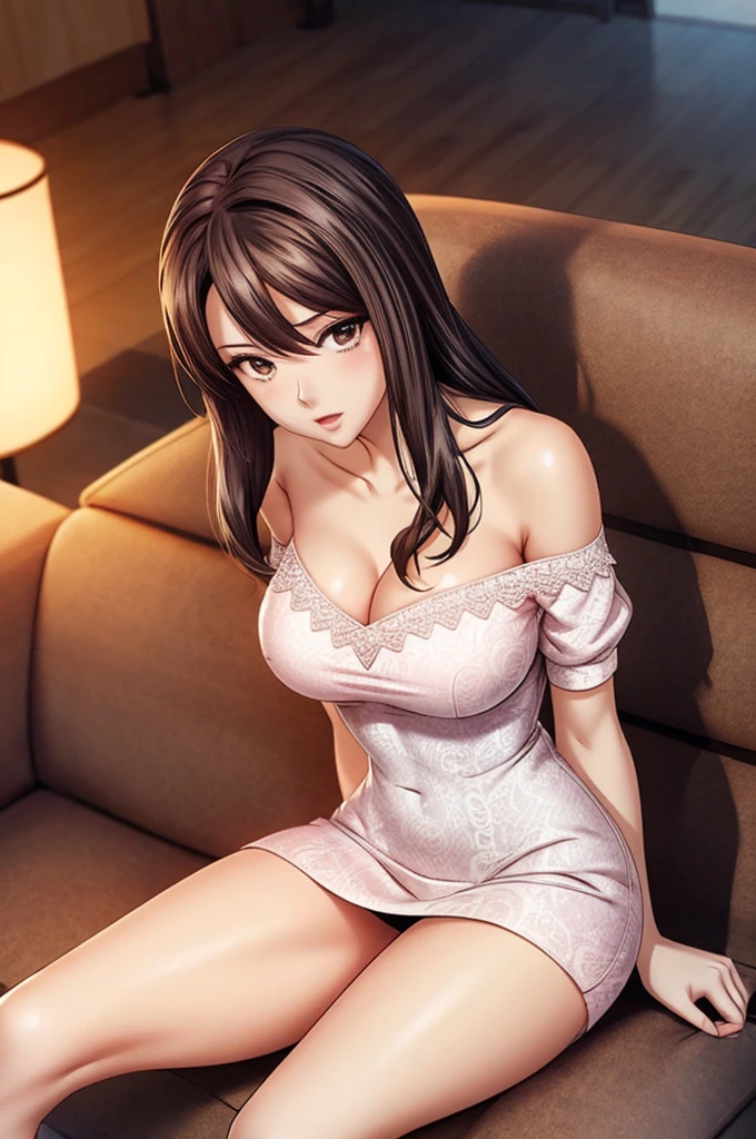 (masterpiece:1.2), (best quality), (ultra detailed), (8k, 4k, intricate), (highly detailed:1.2),(detailed face:1.2), (detailed background),detailed landscape, (dynamic pose:1.2),  <lora:more_details:0.5> <lora:fuuma:0.7>fuumasaika  1girl, solo, long hair, breasts, looking at viewer, smile, large breasts, holding, bare shoulders, brown eyes, sitting, very long hair, off shoulder, hair over one eye, sweater, cup, dutch angle, steam, ribbed sweater, mug, joints, hand on own head, off-shoulder sweater